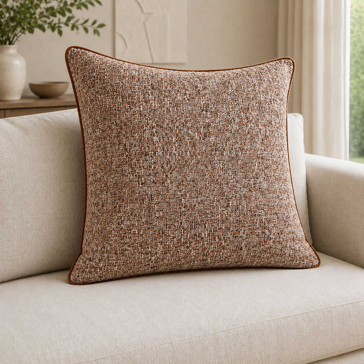 Malini Toby Rust Orange Jacquard Square Cushion 56x56 lifestyle image