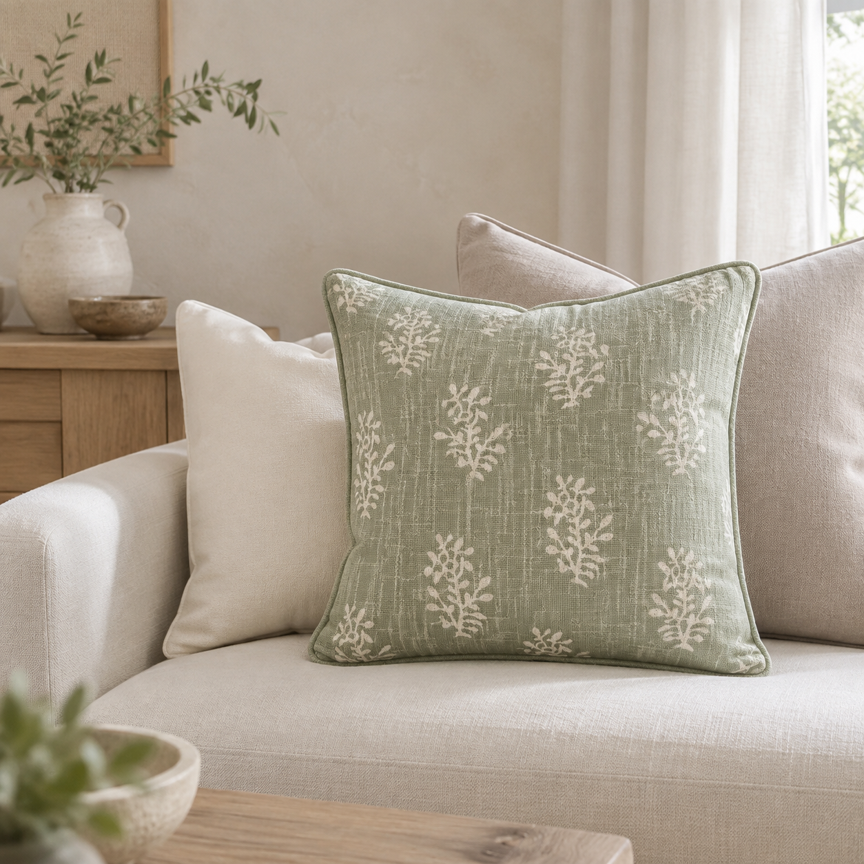 Malini Tula Green Square Cushion 50x50 in a neutral living room