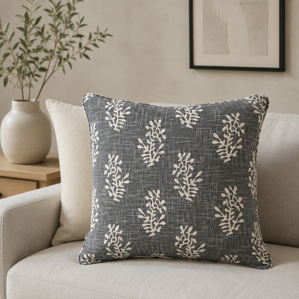 Malini Tula Grey Square Cushion 50x50 in a neutral living room