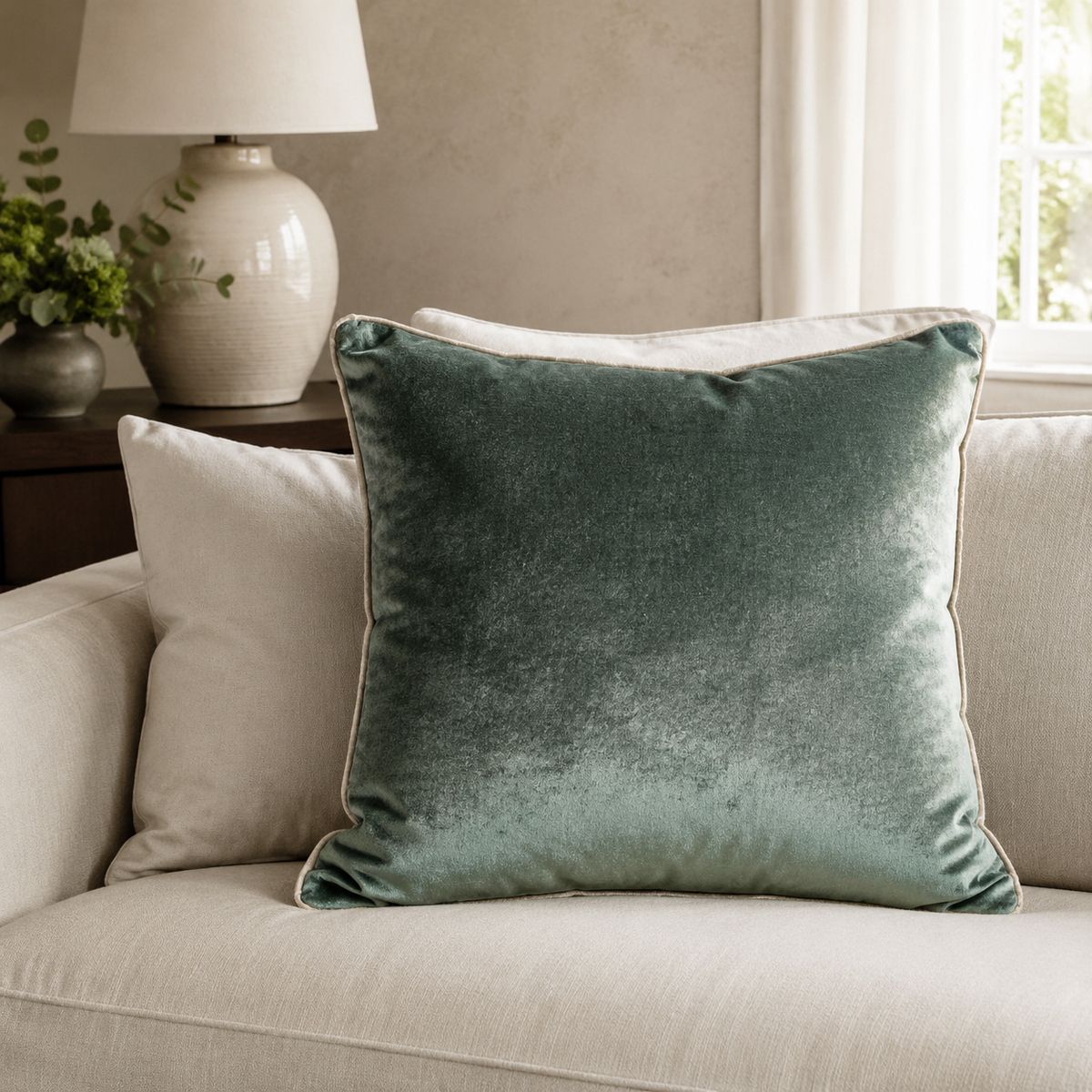 Malini Twofaced Sage Velvet Square Cushion 59x59 in a neutral living room