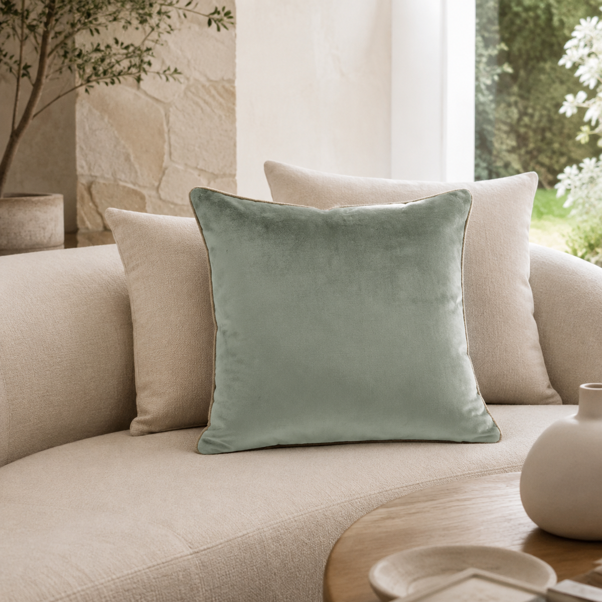 Malini Two Faced Sage Green and Gold Velvet Square Cushion 59x59 in a neutral living room