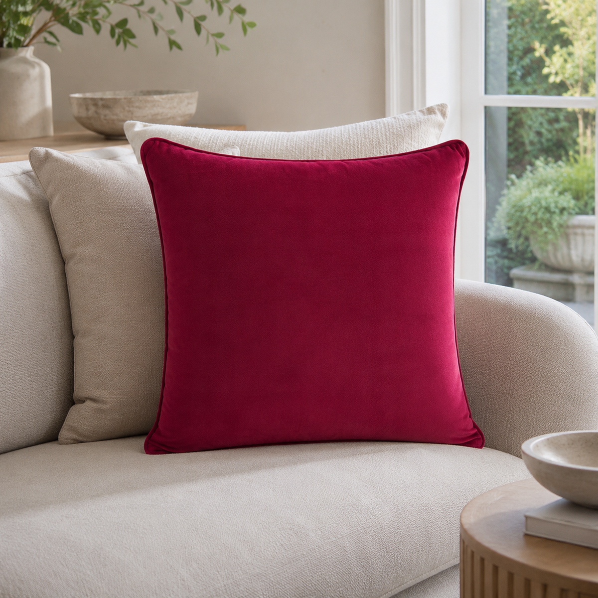 Malini Two Faced teal blue and fuchsia pink velvet large cushion lifestyle image