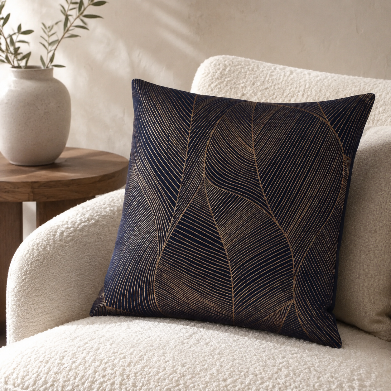 Malini Venus Navy and Copper Leaf Square Cushion 50x50 in a neutral living room
