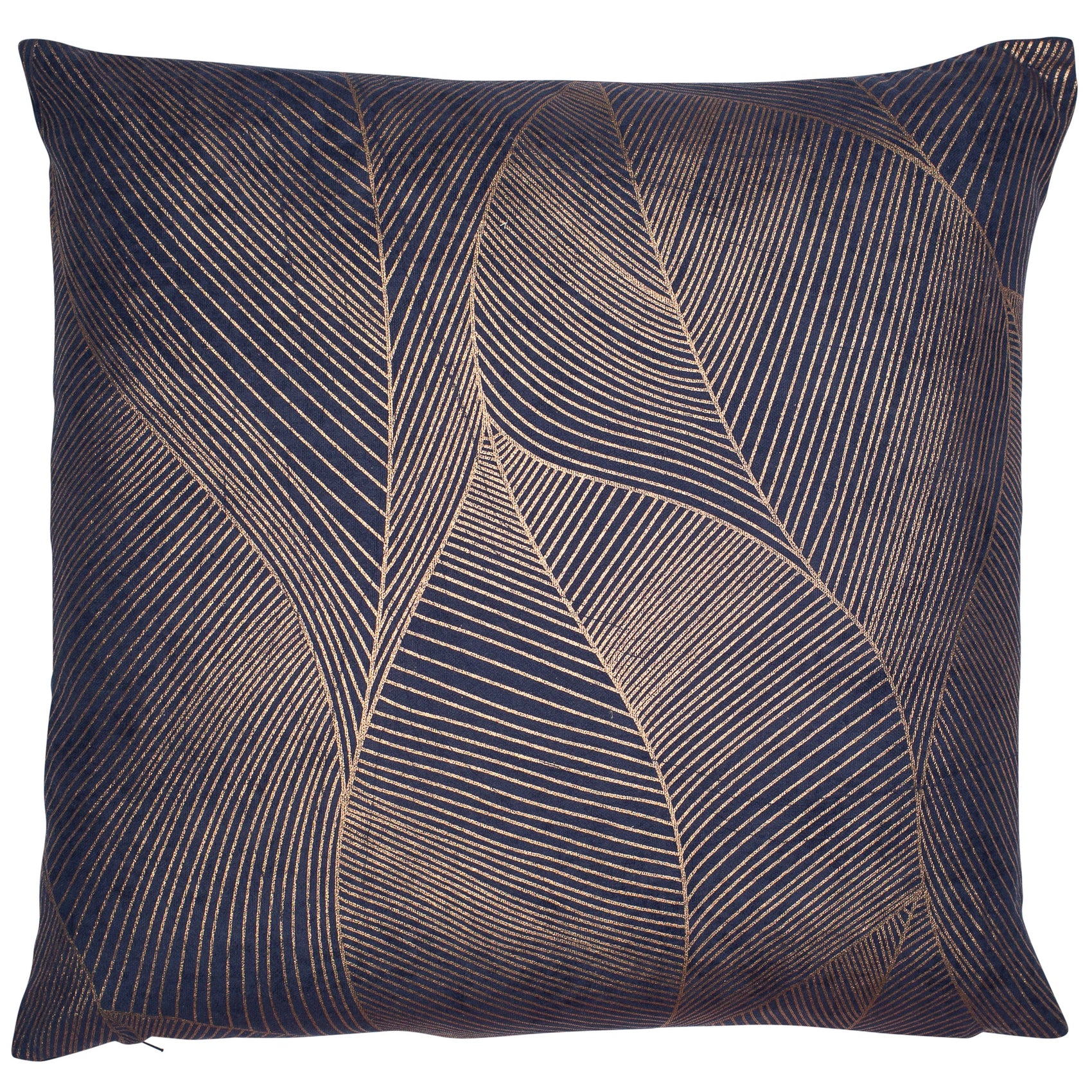 Malini Venus Copper Foil Leaf Print On Navy Square Cushion 50x50