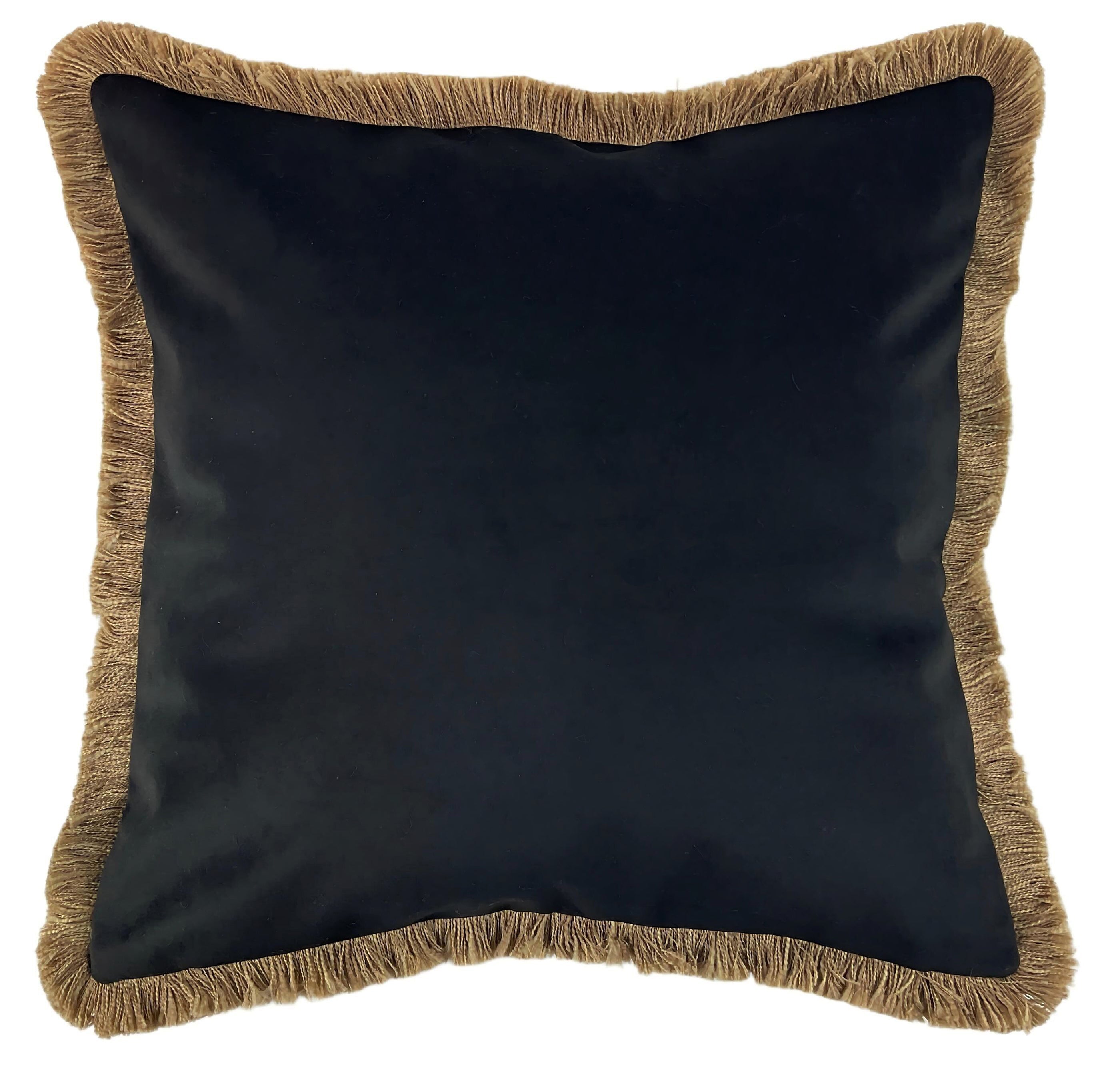 THICK VELVET DBLESIDED CUSHION WITH NAT FRINGE IN BLACK 55 X 55