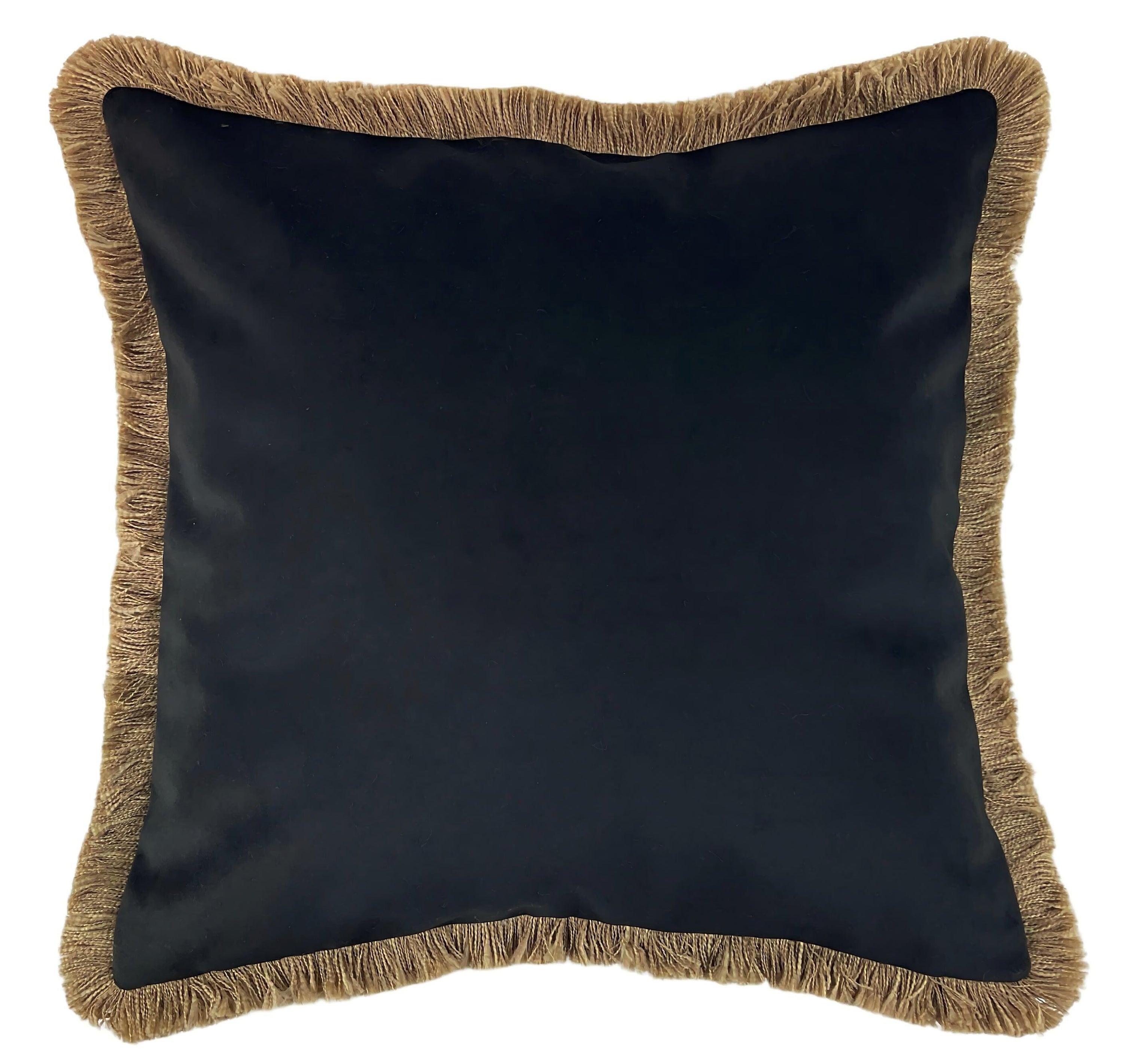 THICK VELVET DBLESIDED CUSHION WITH NAT FRINGE IN BLACK 55 X 55
