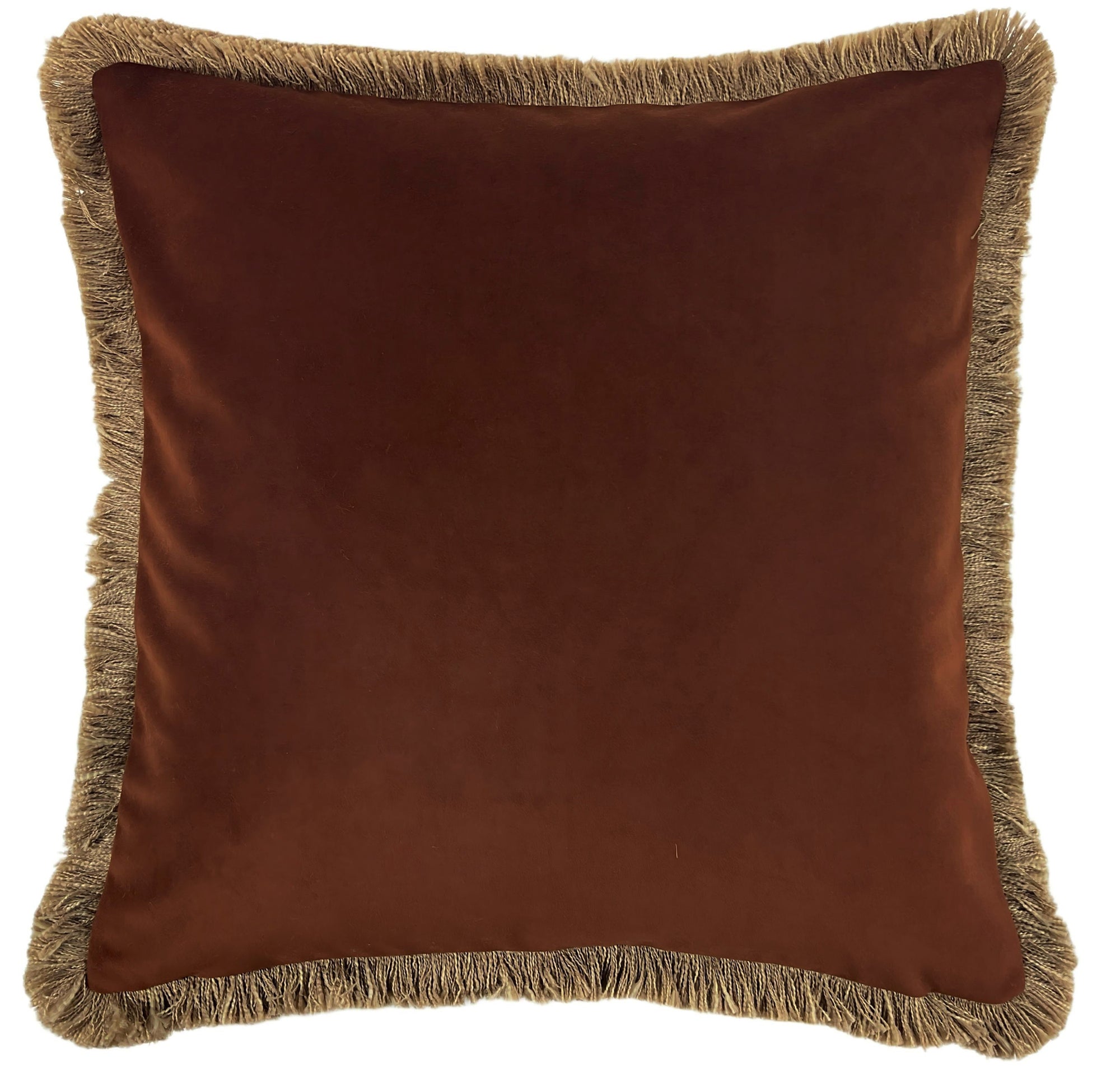 THICK VELVET DBLESIDED CUSHION WITH NAT FRINGE IN BROWN 55 X 55