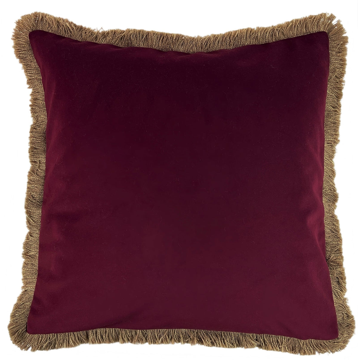 THICK VELVET DBLESIDED CUSHION WITH NAT FRINGE IN CLARET 55 X 55