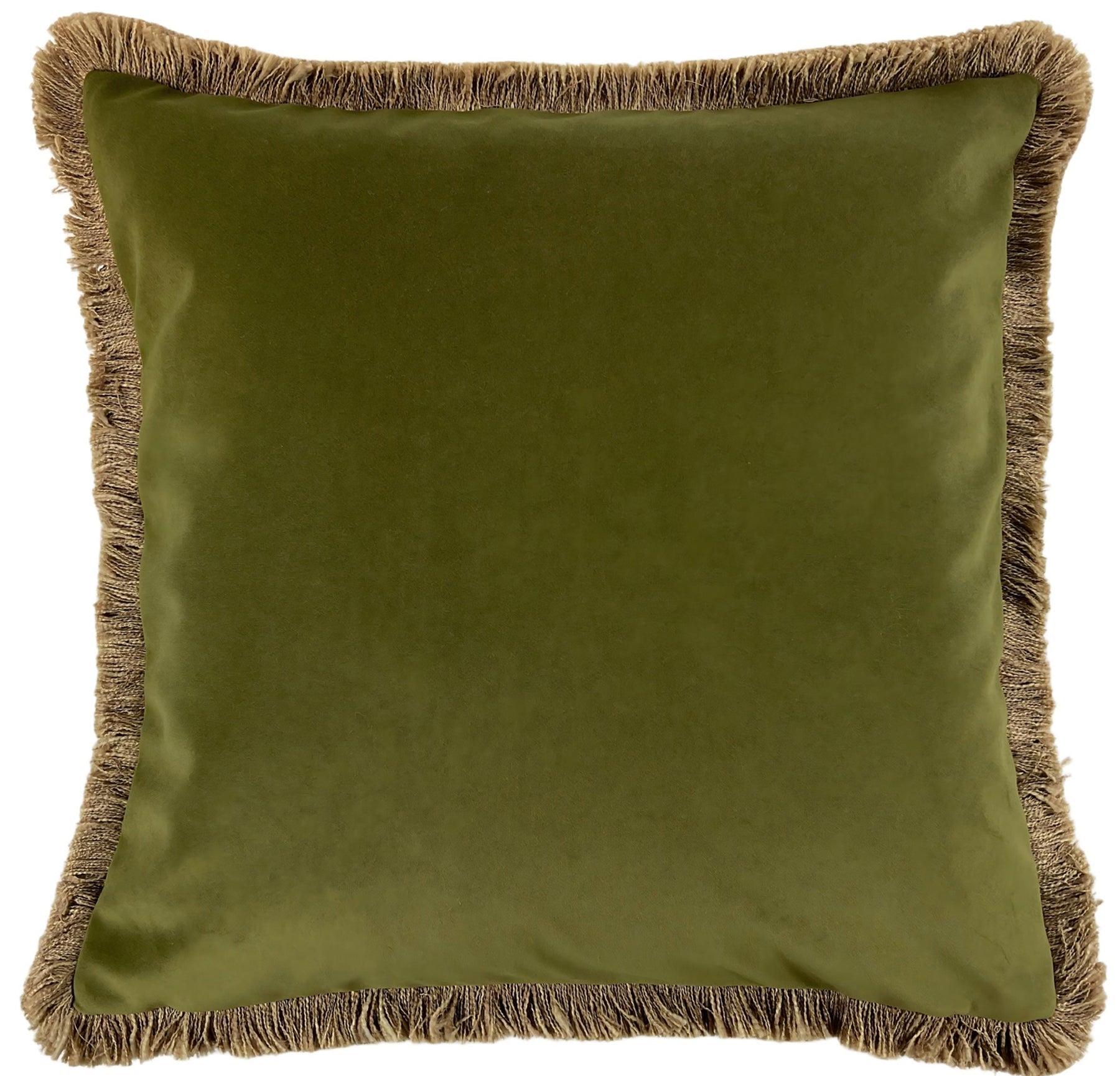 THICK VELVET DBLESIDED CUSHION WITH NAT FRINGE IN OLIVE 55X 55