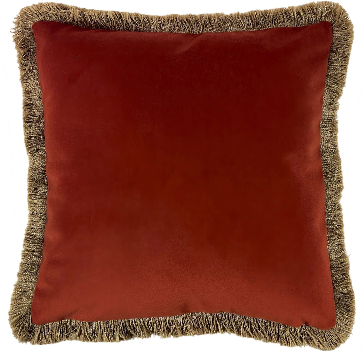 THICK VELVET DBLESIDED CUSHION WITH NAT FRINGE IN RUST 55 X 55
