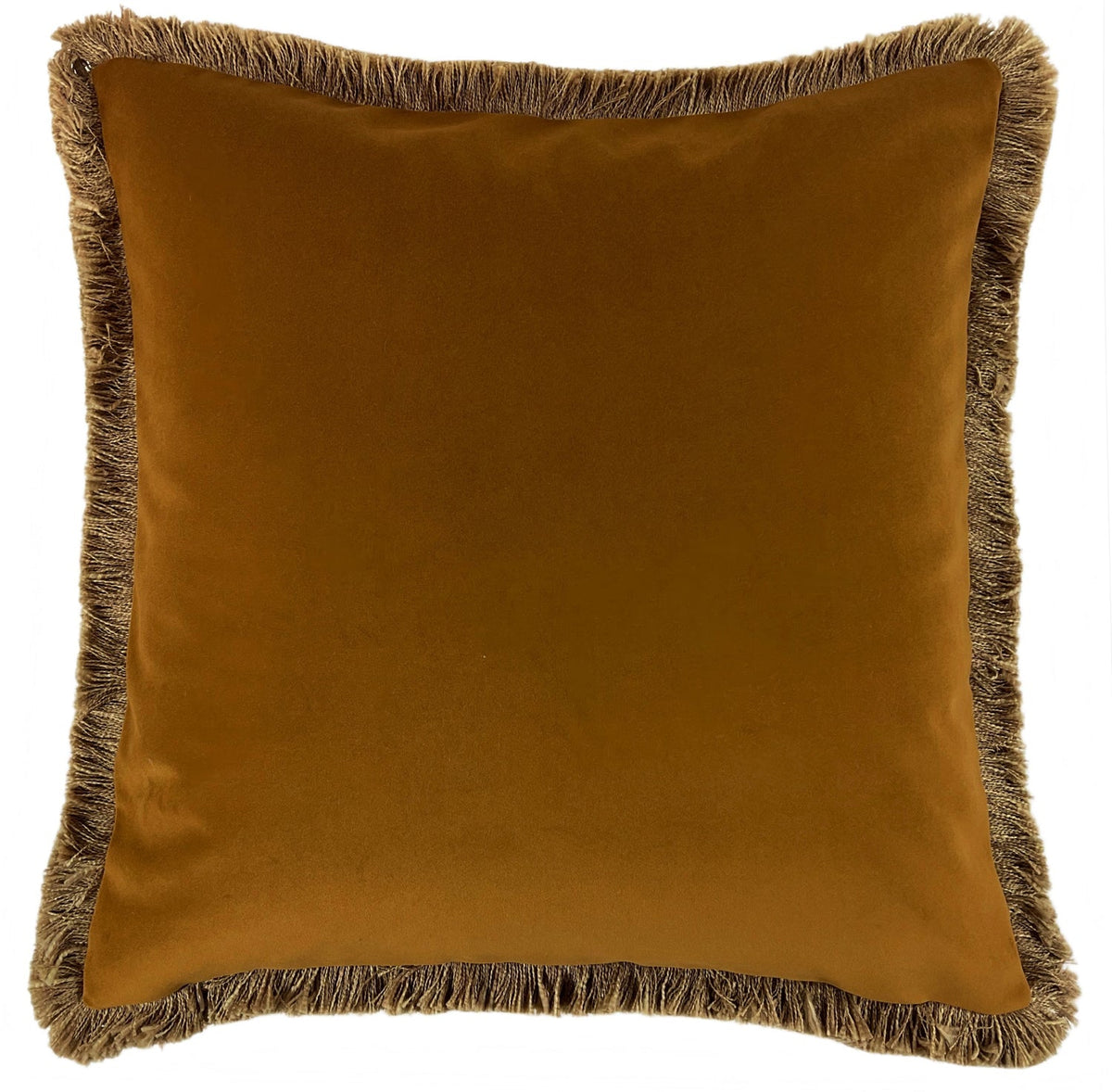 THICK VELVET DBLESIDED CUSHION WITH NAT FRINGE IN WHISKEY 55 X 55