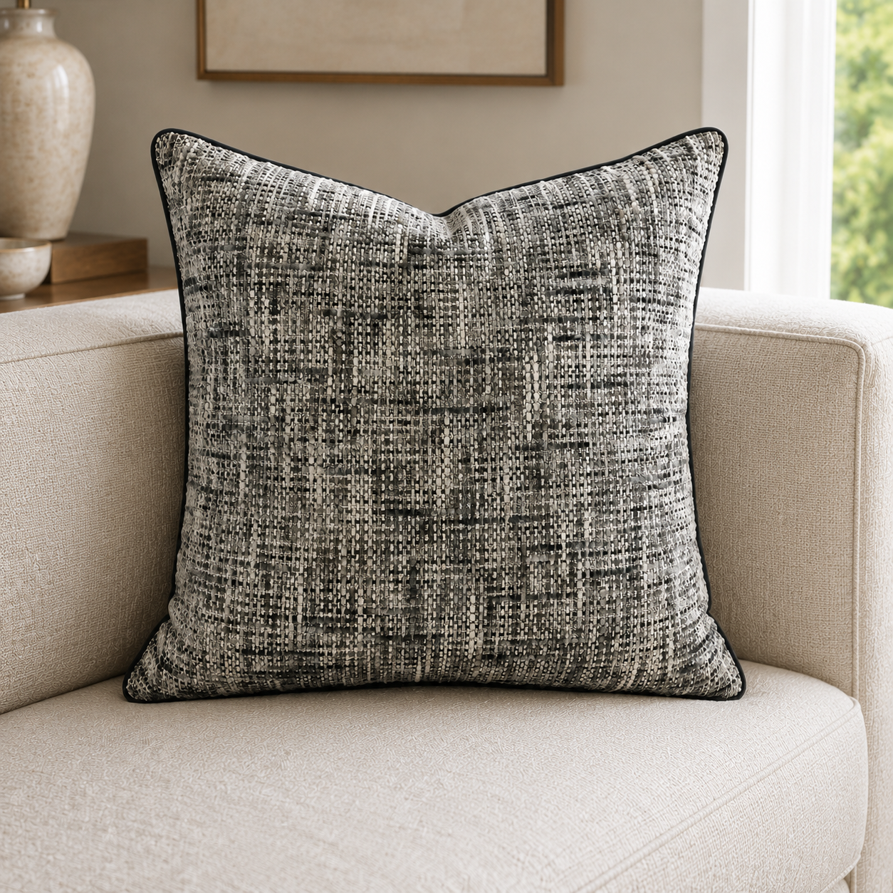 Malini Soft Textured Weave Cushion Grey Square Cushion 56x56 lifestyle image