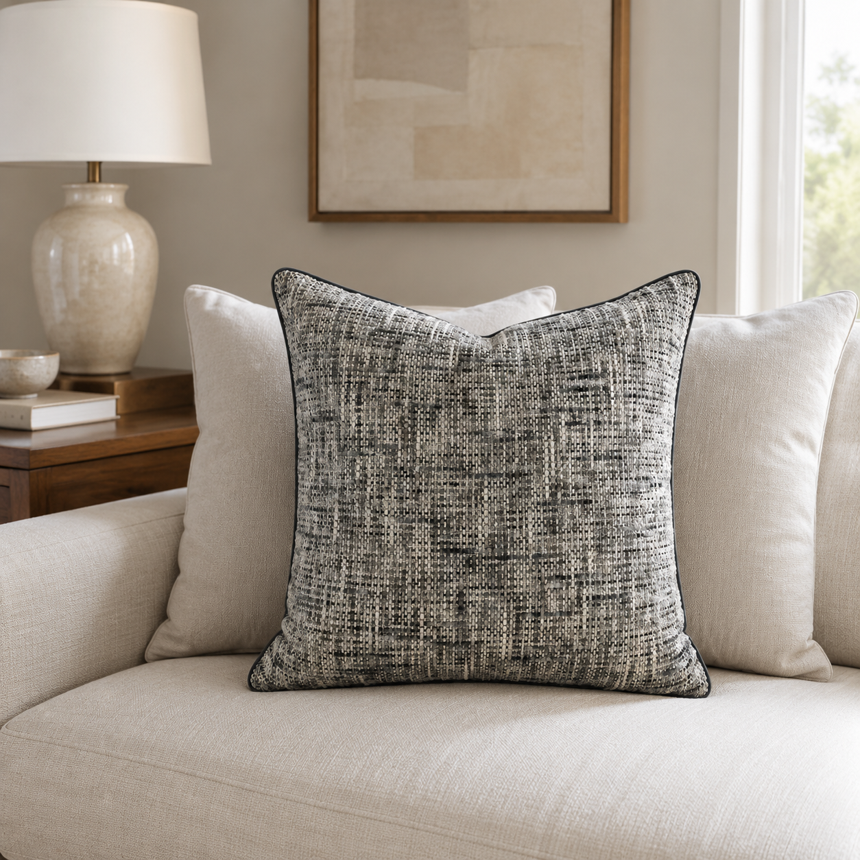 Malini Whisper Grey 56x56 cushion styled in a neutral living room