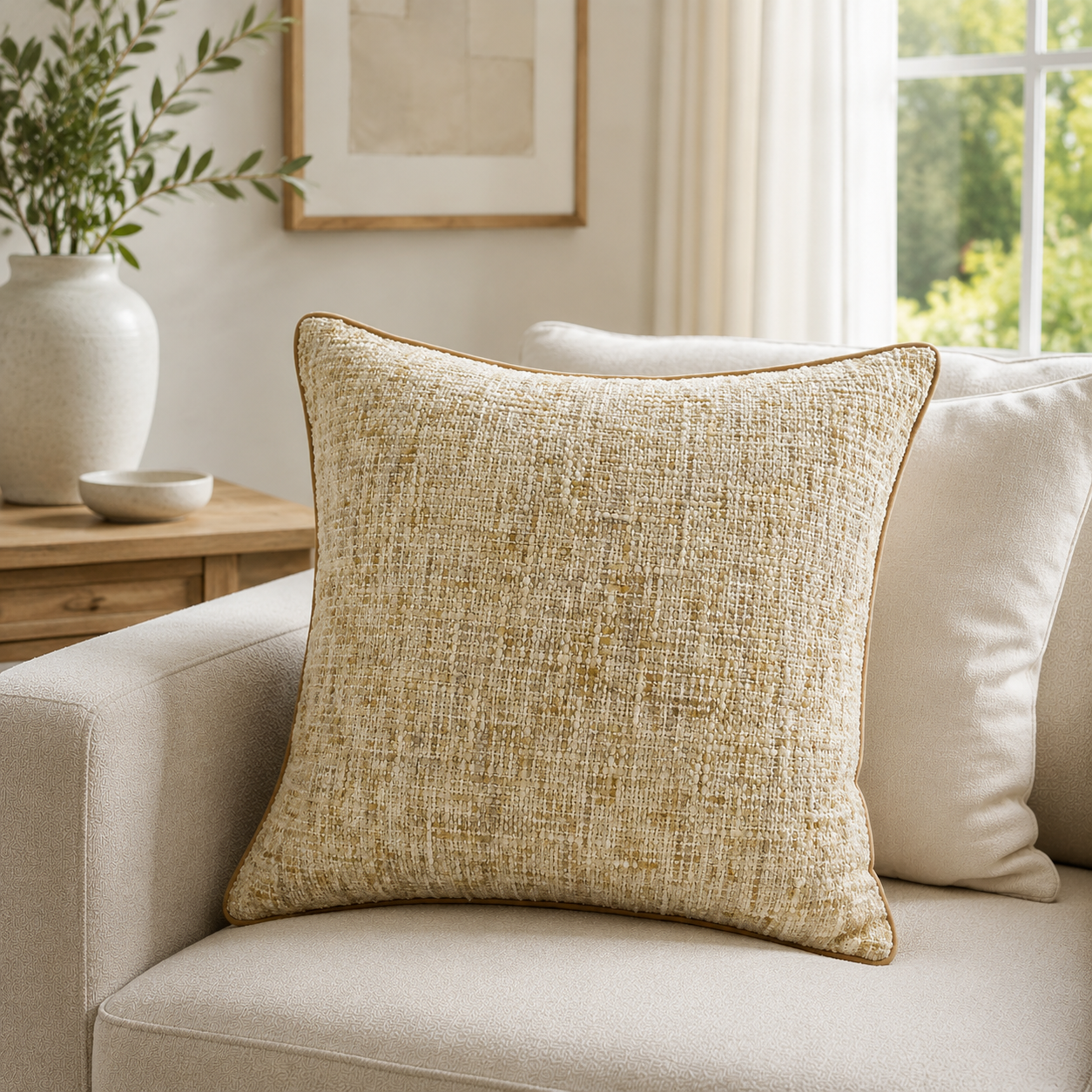 Malini Whisper Natural 56x56 cushion styled in a neutral living room