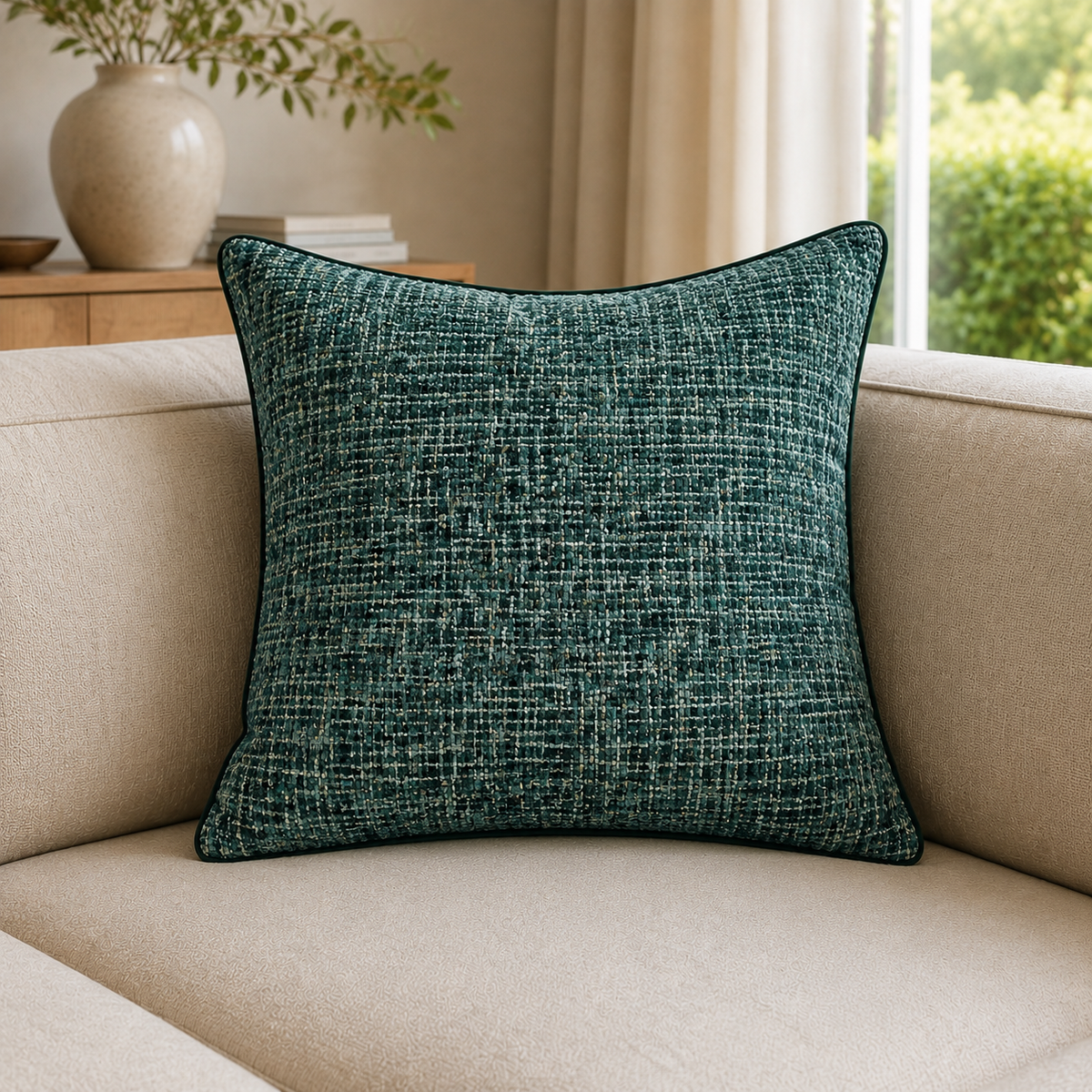 Malini Soft Textured Weave Cushion Teal Square Cushion 56x56 lifestyle image