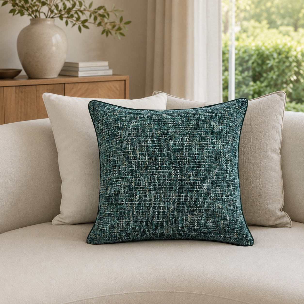 Malini Whisper Teal 56x56 cushion styled in a neutral living room