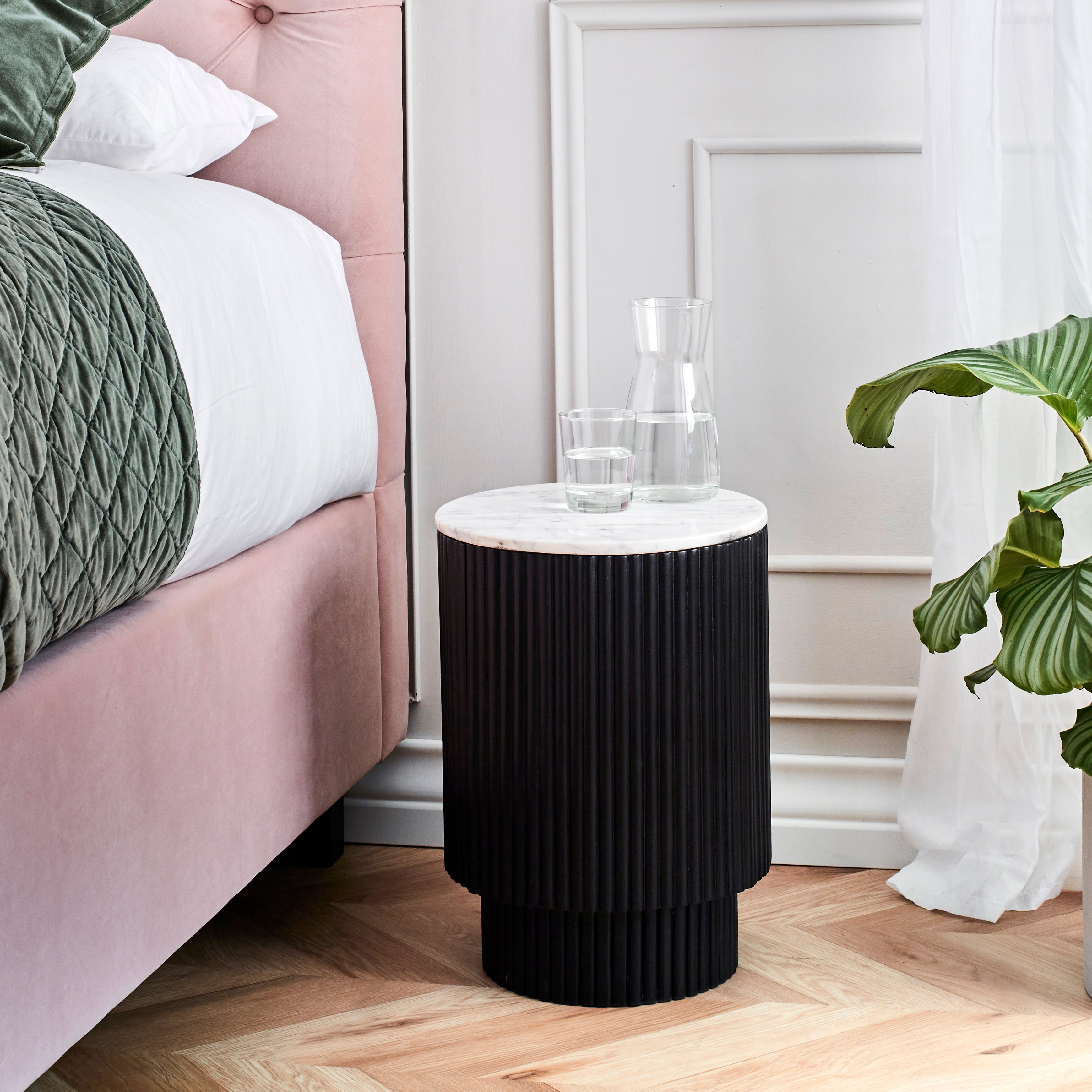 Hudson Black Ribbed Mango Wood & White Marble Side Table with Door