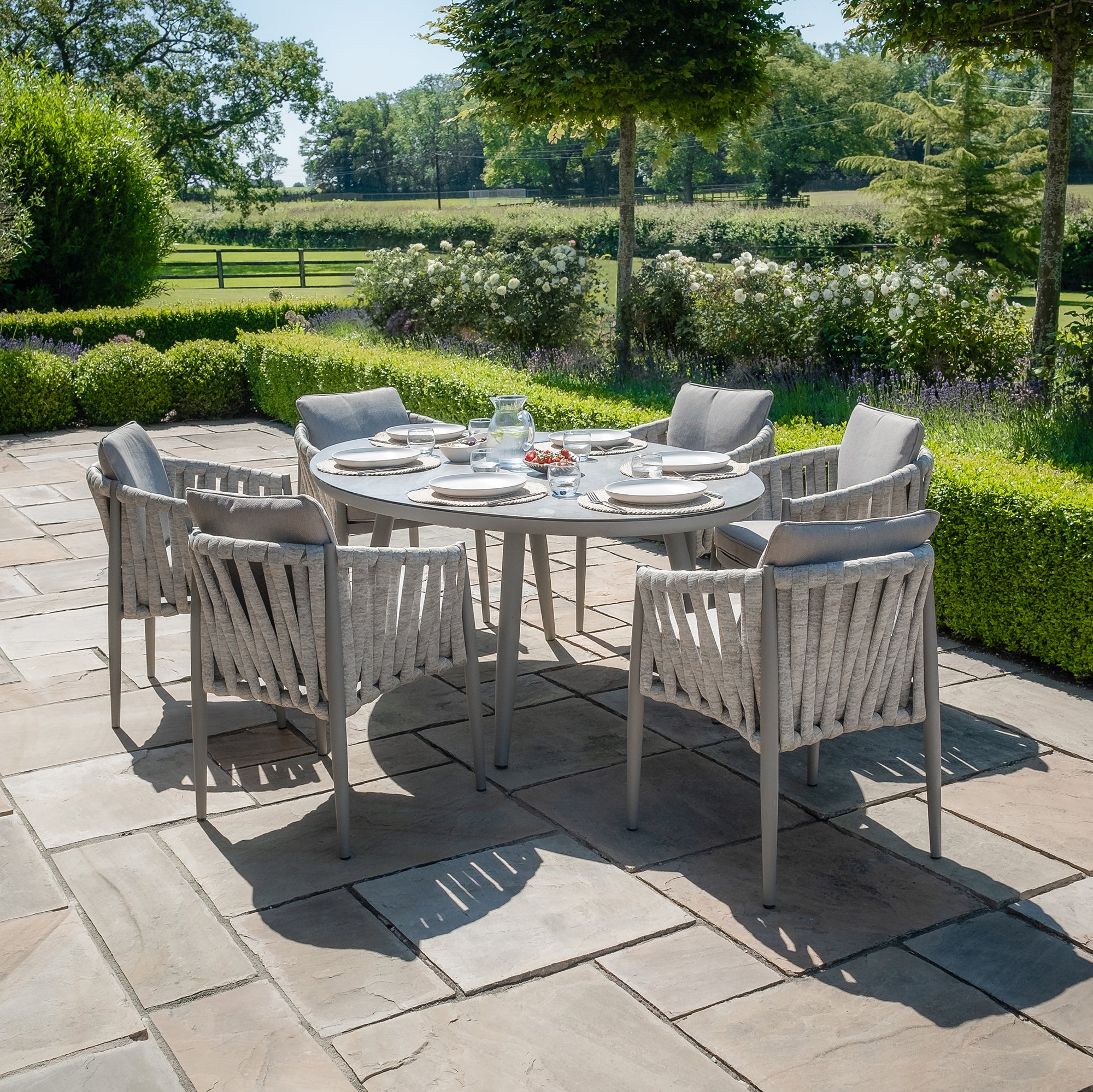 Milan Grey Cool Linen Oval Dining Set with Lazy Susan | 6 Seater