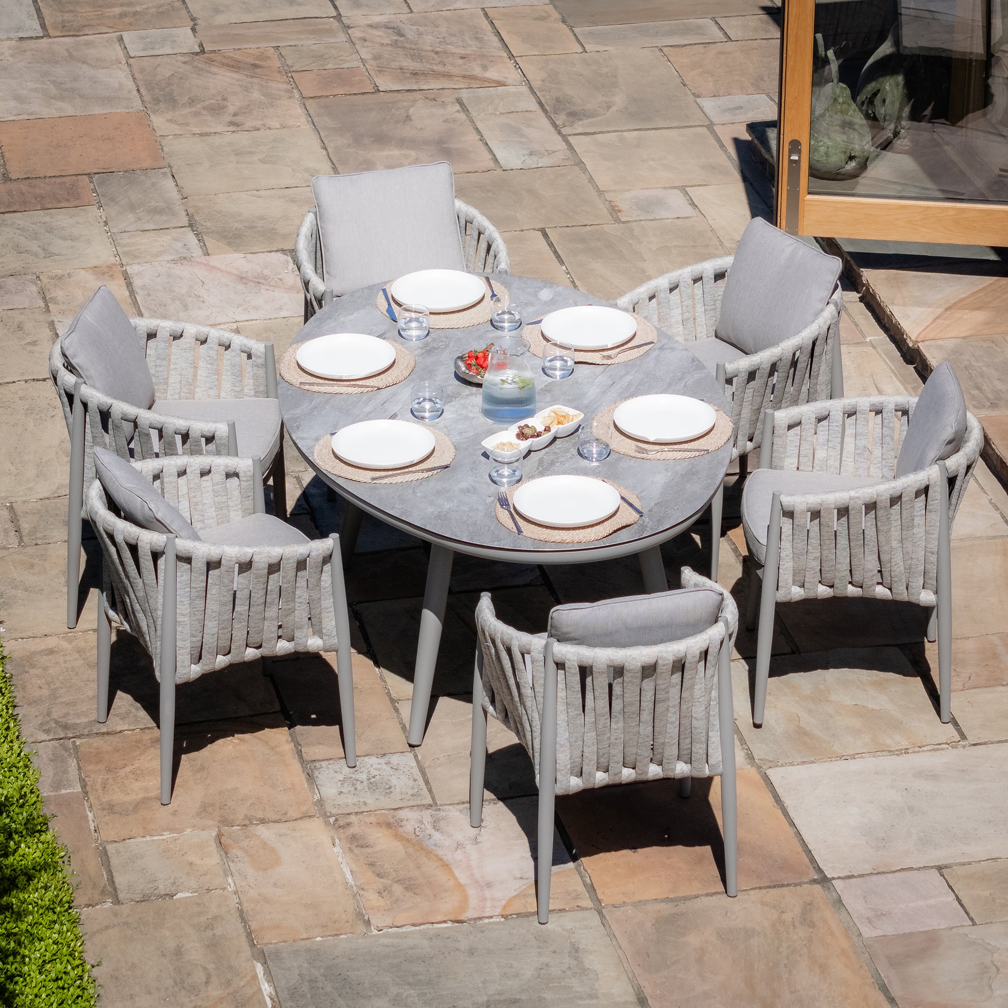 Milan Grey Cool Linen Oval Dining Set with Lazy Susan | 6 Seater