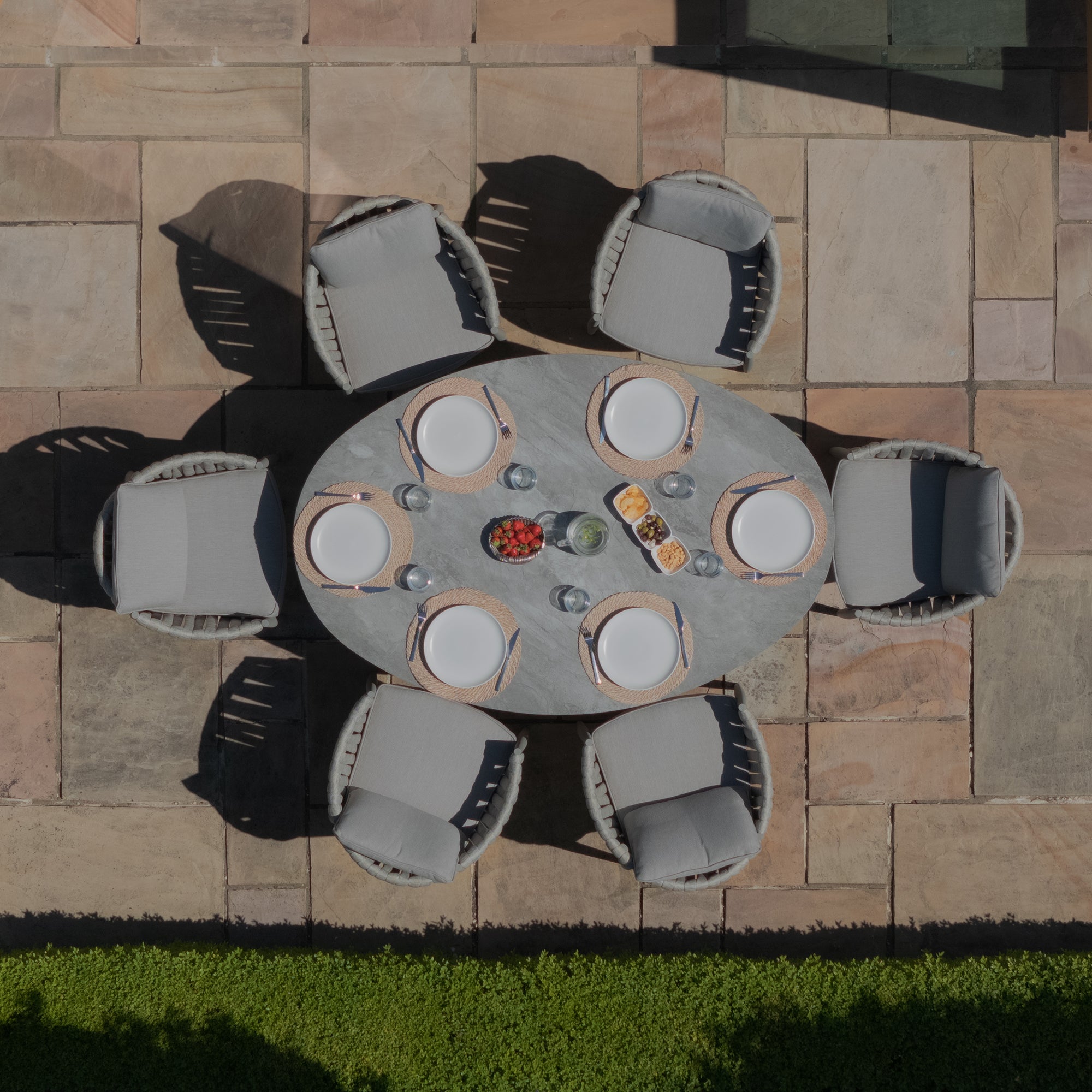 Milan Grey Cool Linen Oval Dining Set with Lazy Susan | 6 Seater