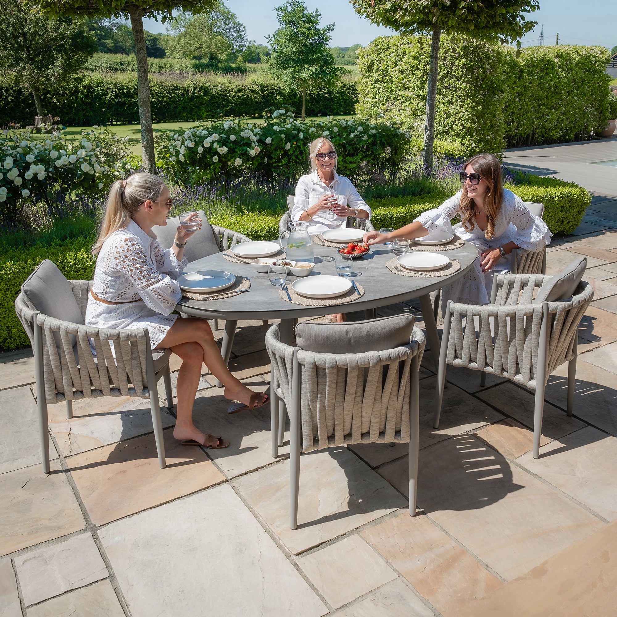 Milan Grey Cool Linen Oval Dining Set with Lazy Susan | 6 Seater
