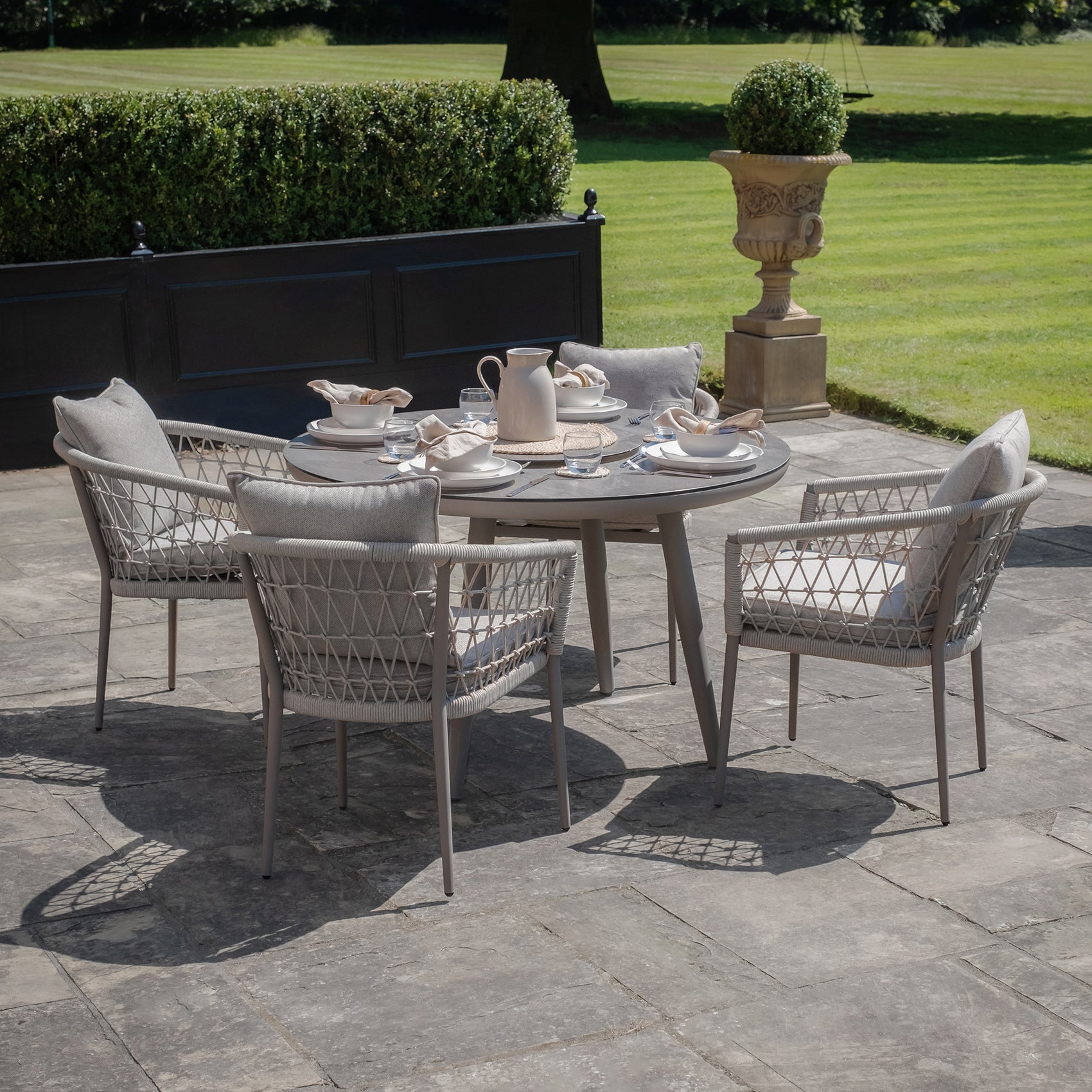 Monaco Grey Cool Linen Round Dining Set | 4 Seater