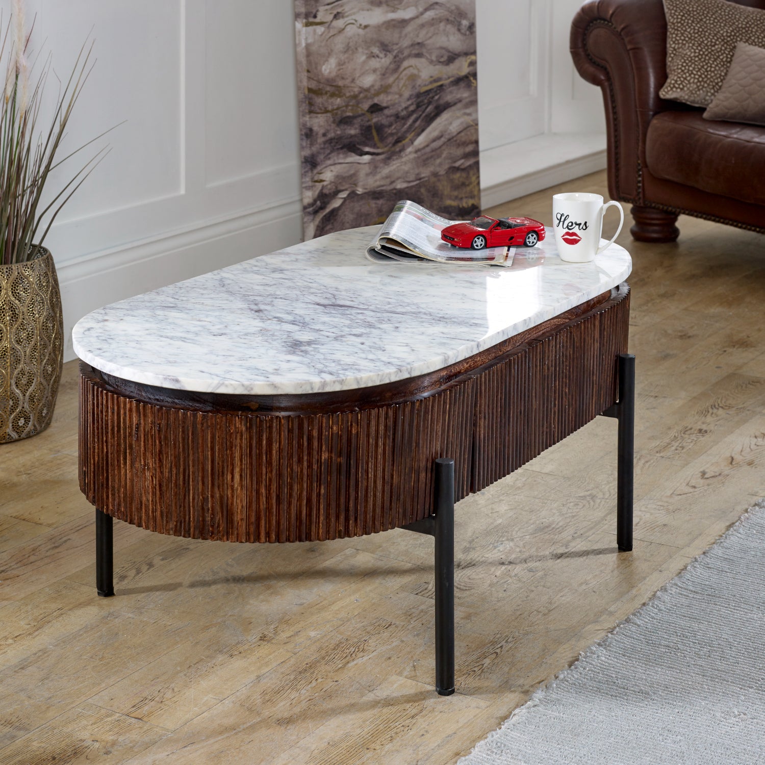 Melora Brown Mango Wood & White Marble Oval Coffee Table