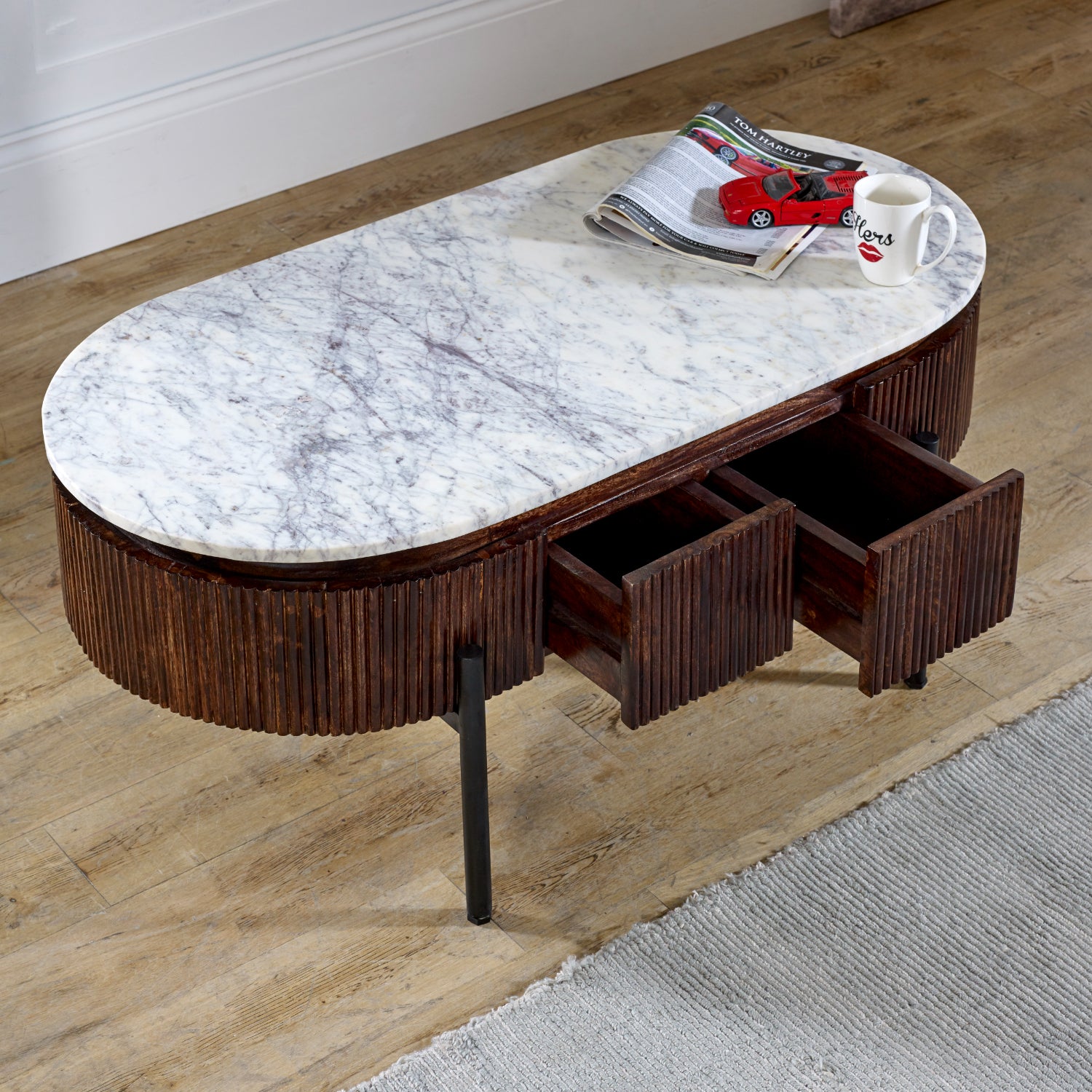 Melora Brown Mango Wood & White Marble Oval Coffee Table