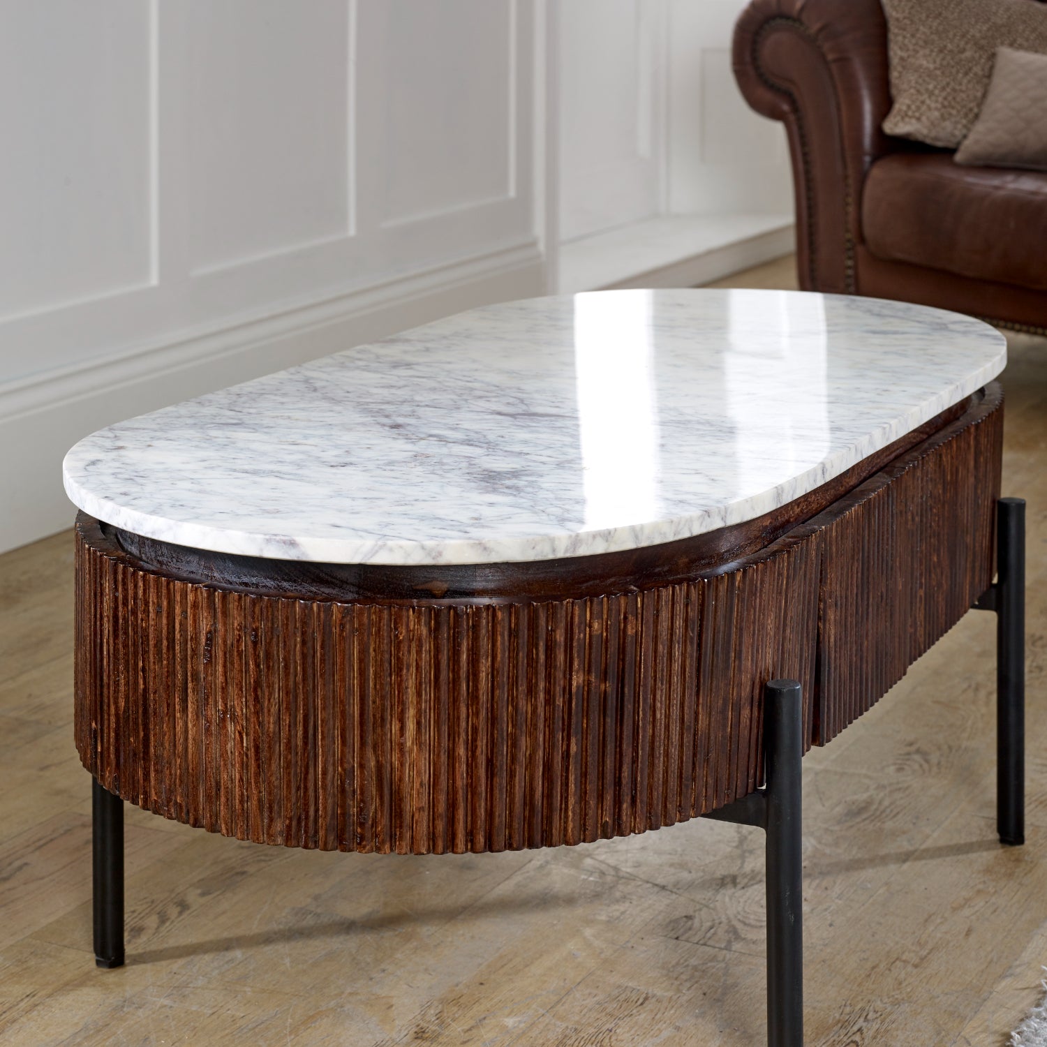 Melora Brown Mango Wood & White Marble Oval Coffee Table
