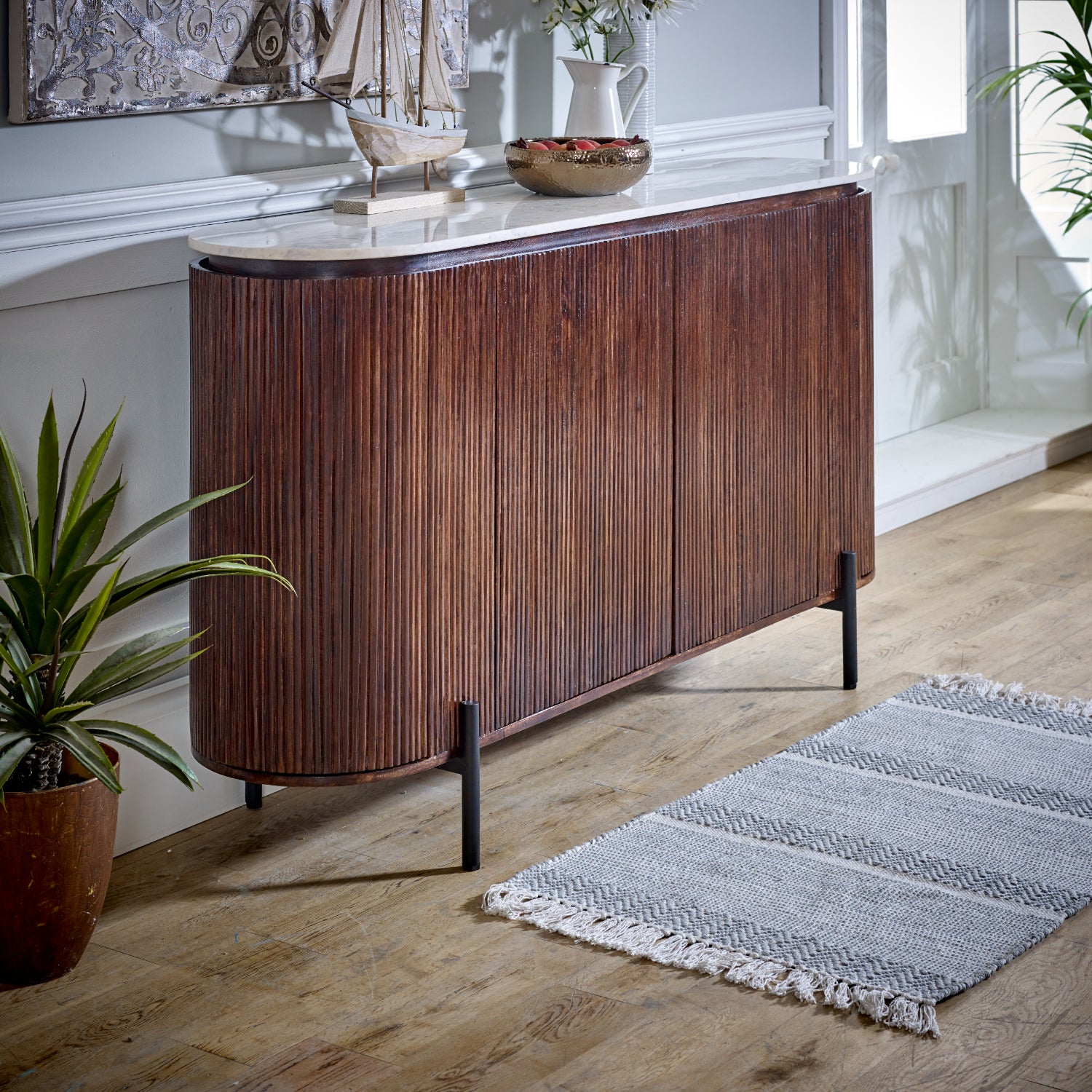 Melora Brown Mango Wood & White Marble Sideboard