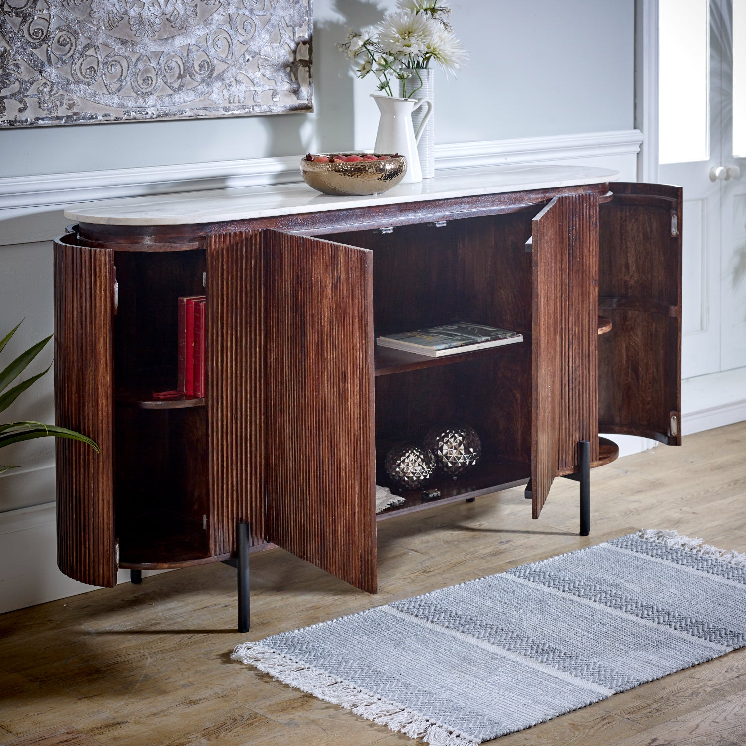 Melora Brown Mango Wood & White Marble Sideboard