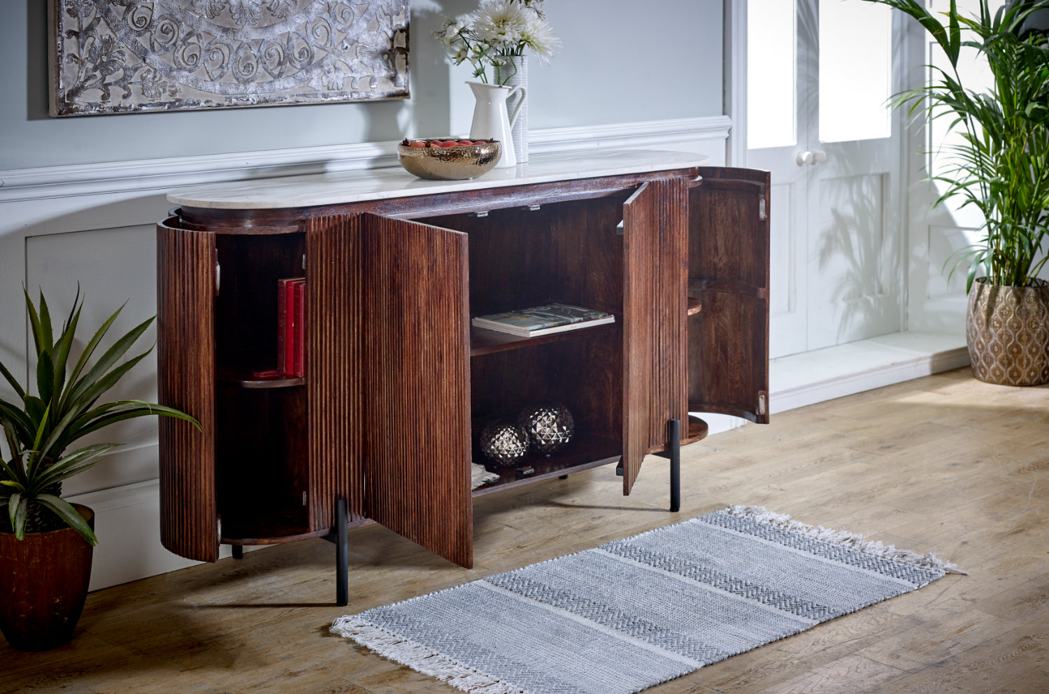Melora Brown Mango Wood & White Marble Sideboard