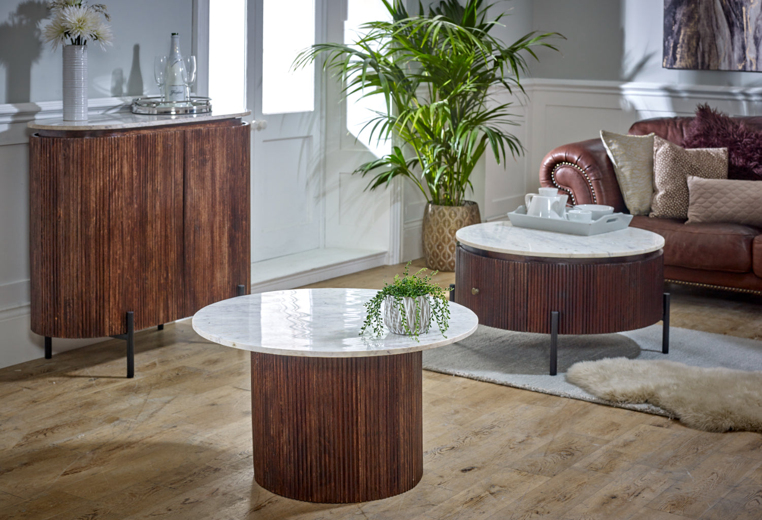 Melora Brown Mango Wood & White Marble Sideboard