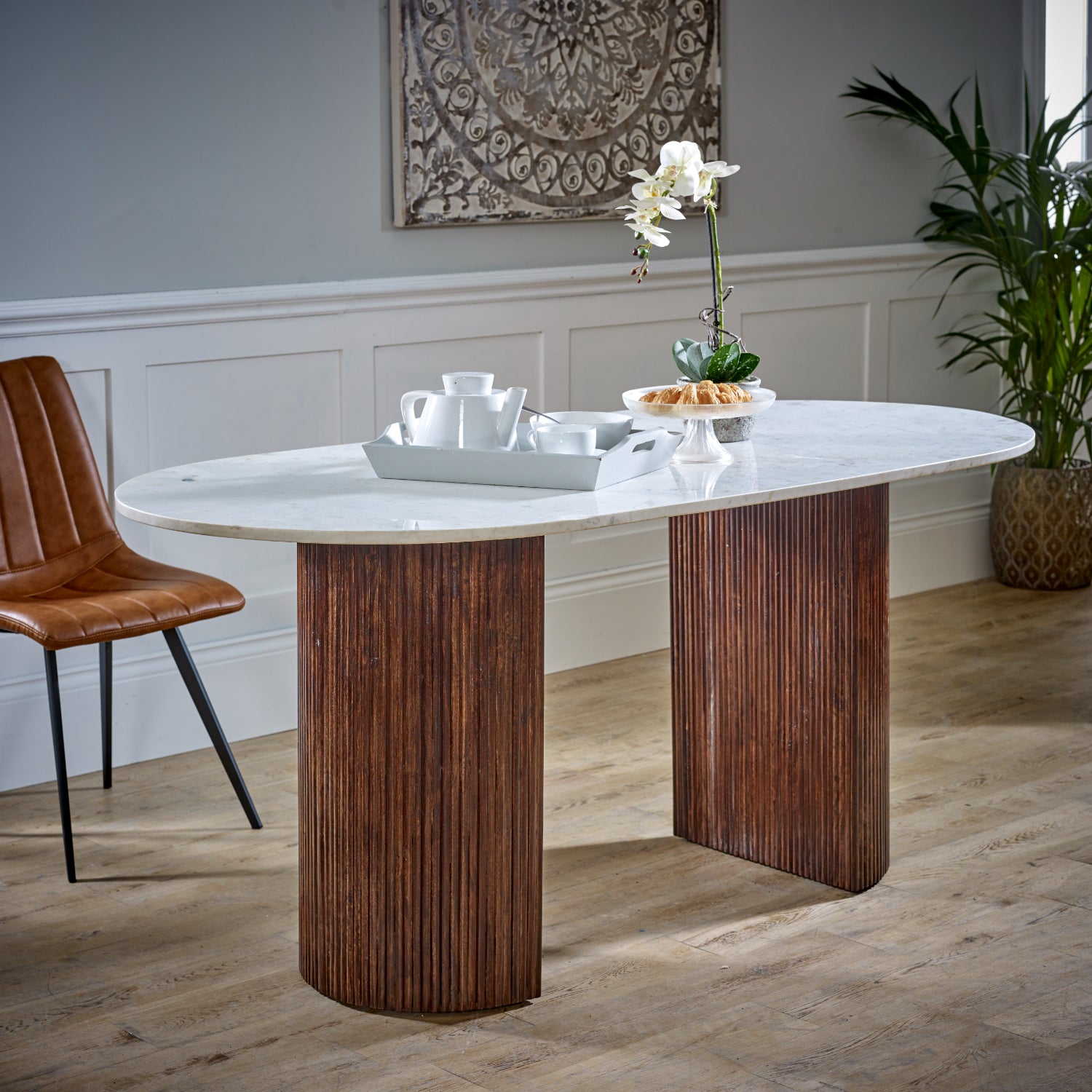 Melora Brown Mango Wood & White Marble Dining Table 170cm