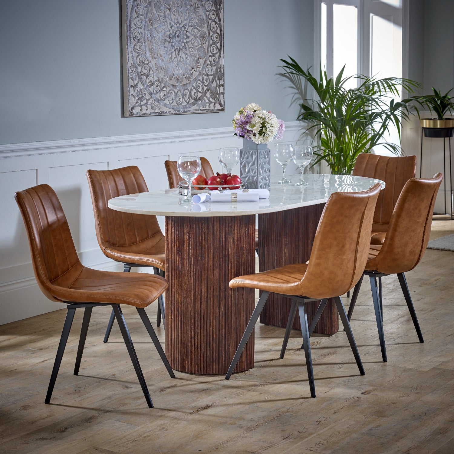 Melora Brown Mango Wood & White Marble Dining Table 170cm
