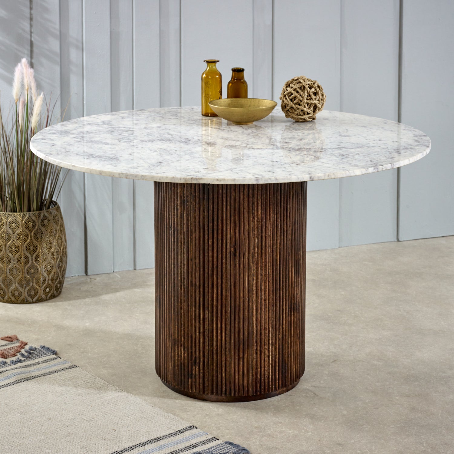 Melora Brown Mango Wood & White Marble Round Dining Table