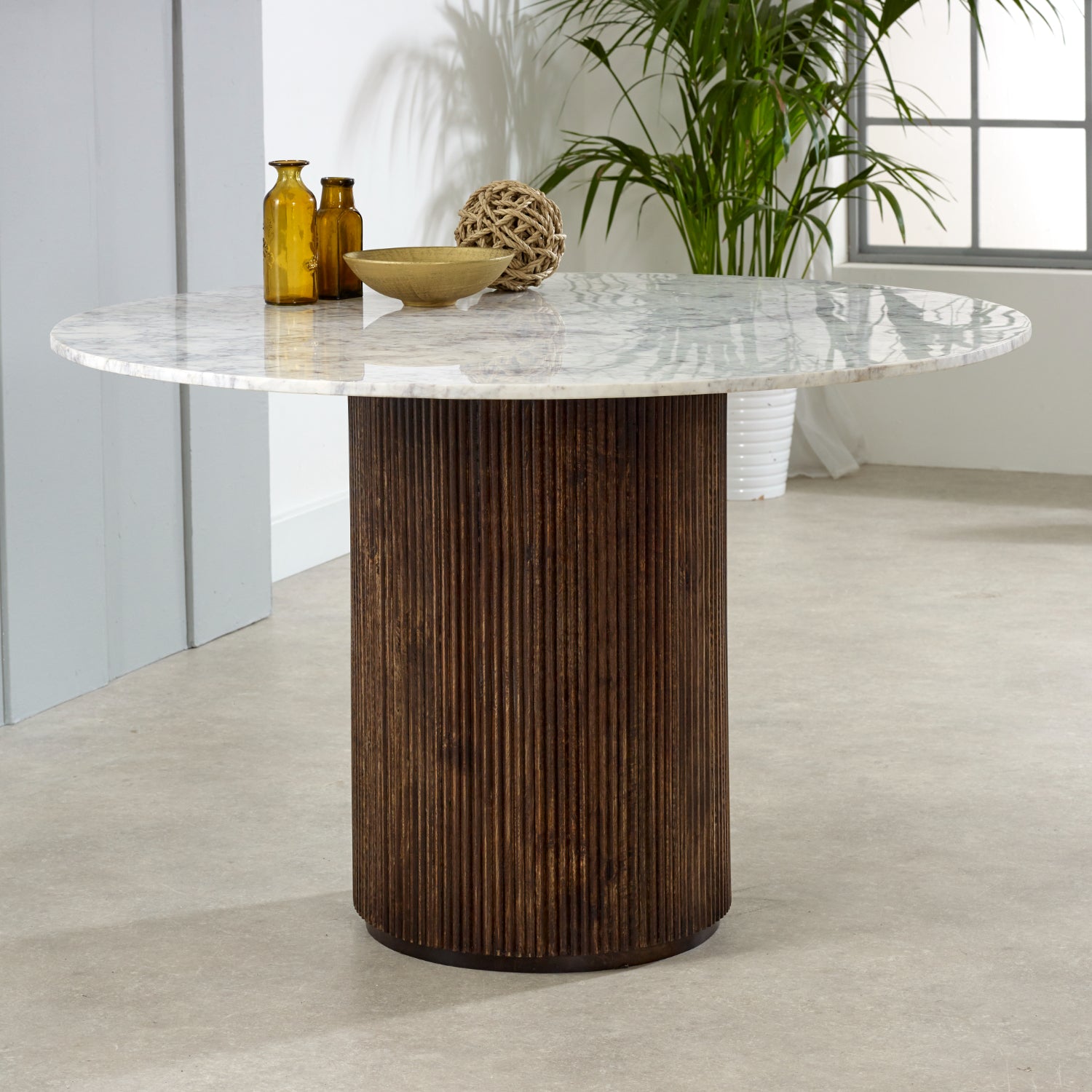 Melora Brown Mango Wood & White Marble Round Dining Table