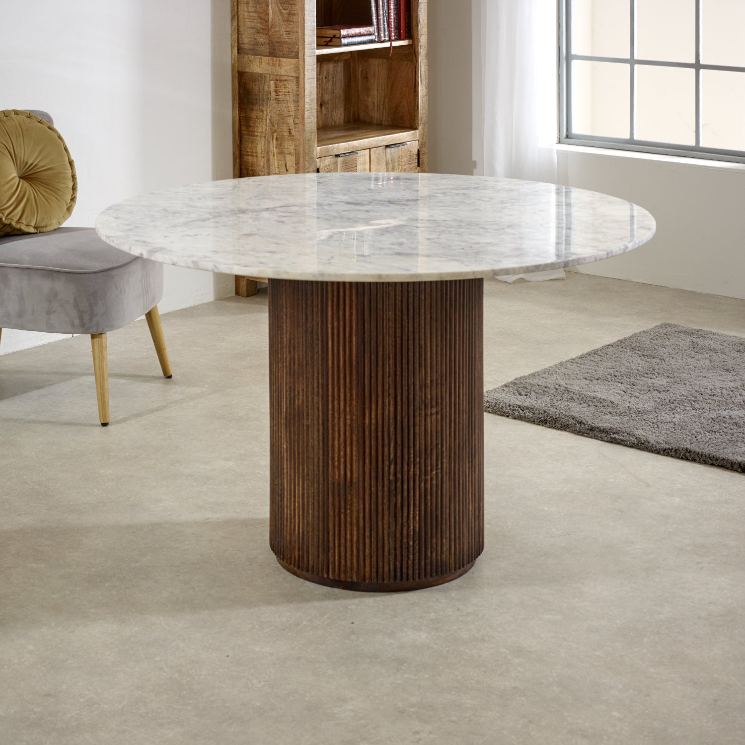 Melora Brown Mango Wood & White Marble Round Dining Table