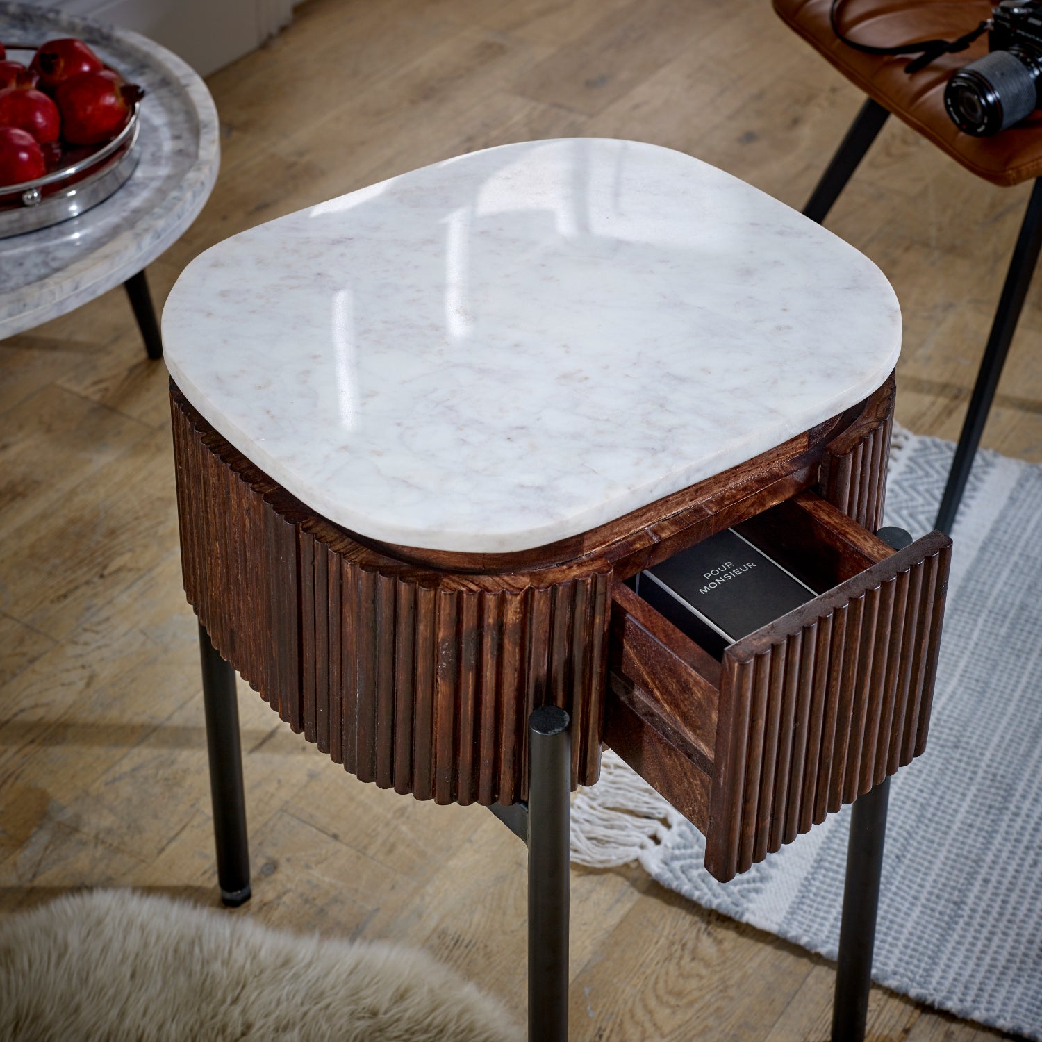Melora Brown Mango Wood & White Marble Side Table