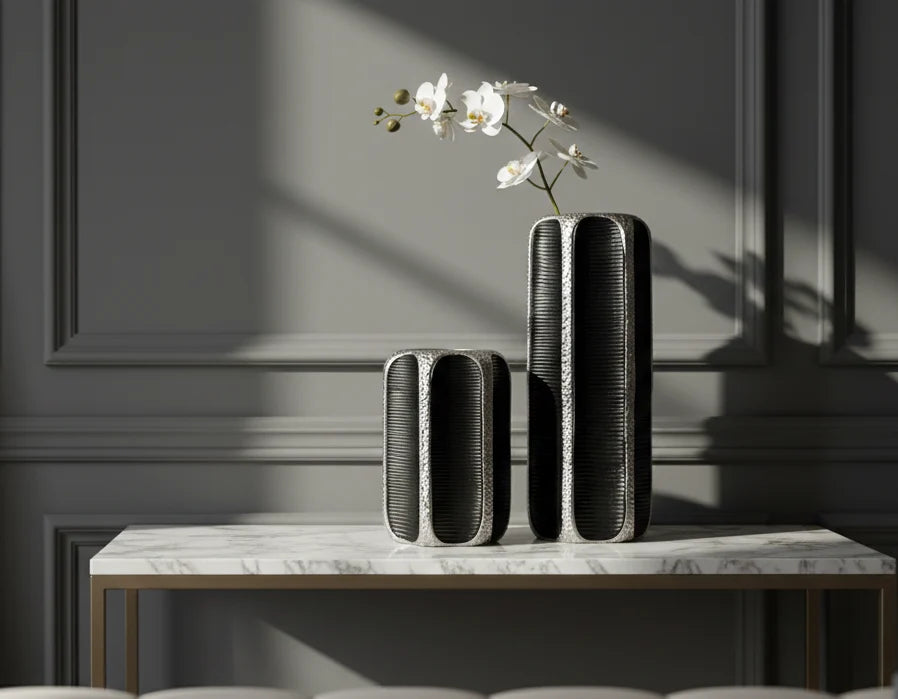 Mora Large Black & Silver Rippled Ceramic Vase