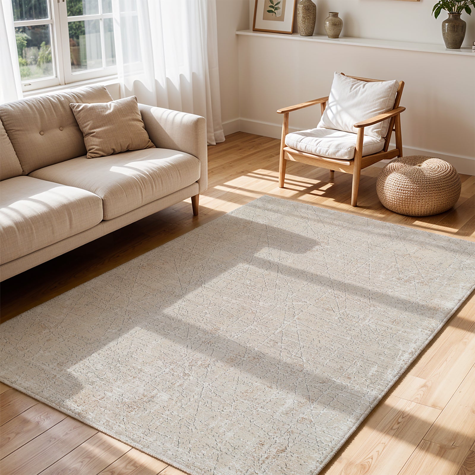 Nathan Modern Graphic Fringe Beige & Medium Grey & Cream Polyester Rug 152x225cm - room setting