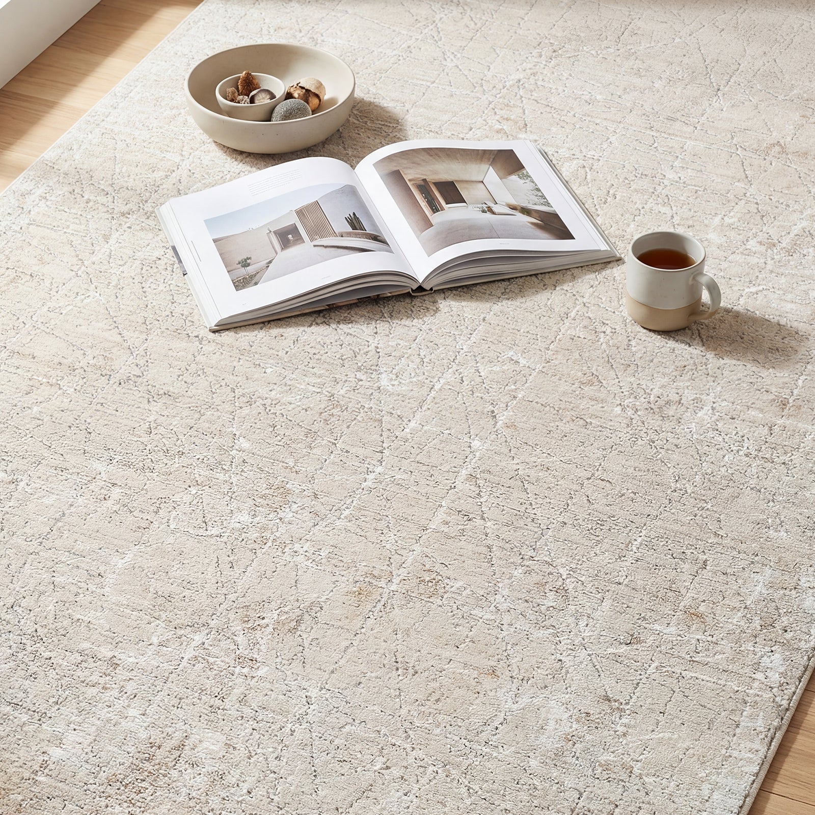 Nathan Modern Graphic Fringe Beige & Medium Grey & Cream Polyester Rug 152x225cm - styled detail