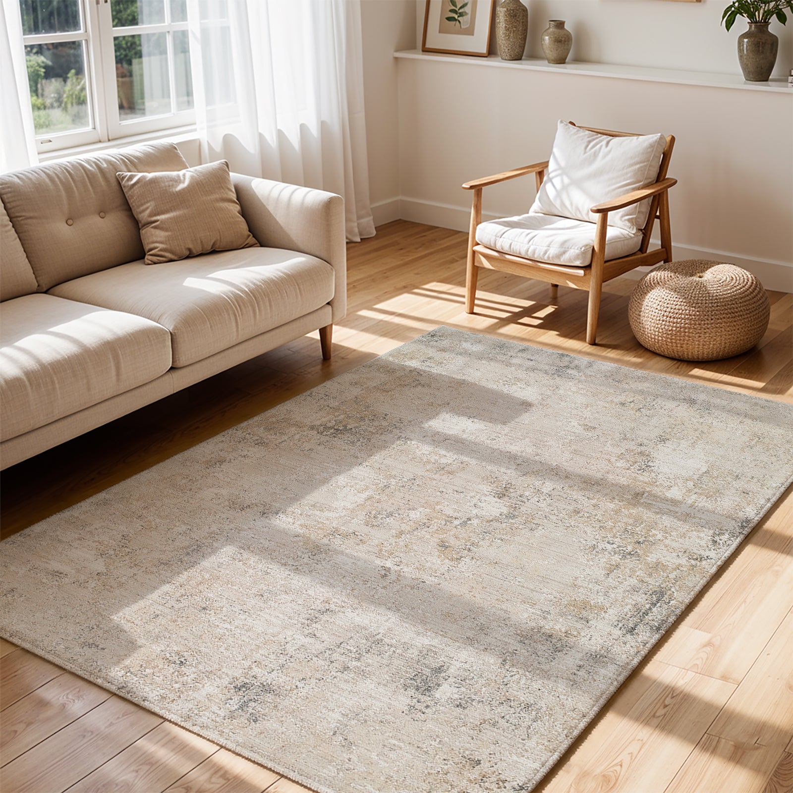 Nathan Abstract Modern Marble Fringe Beige & Cream Polyester Rug 152x225cm - room setting