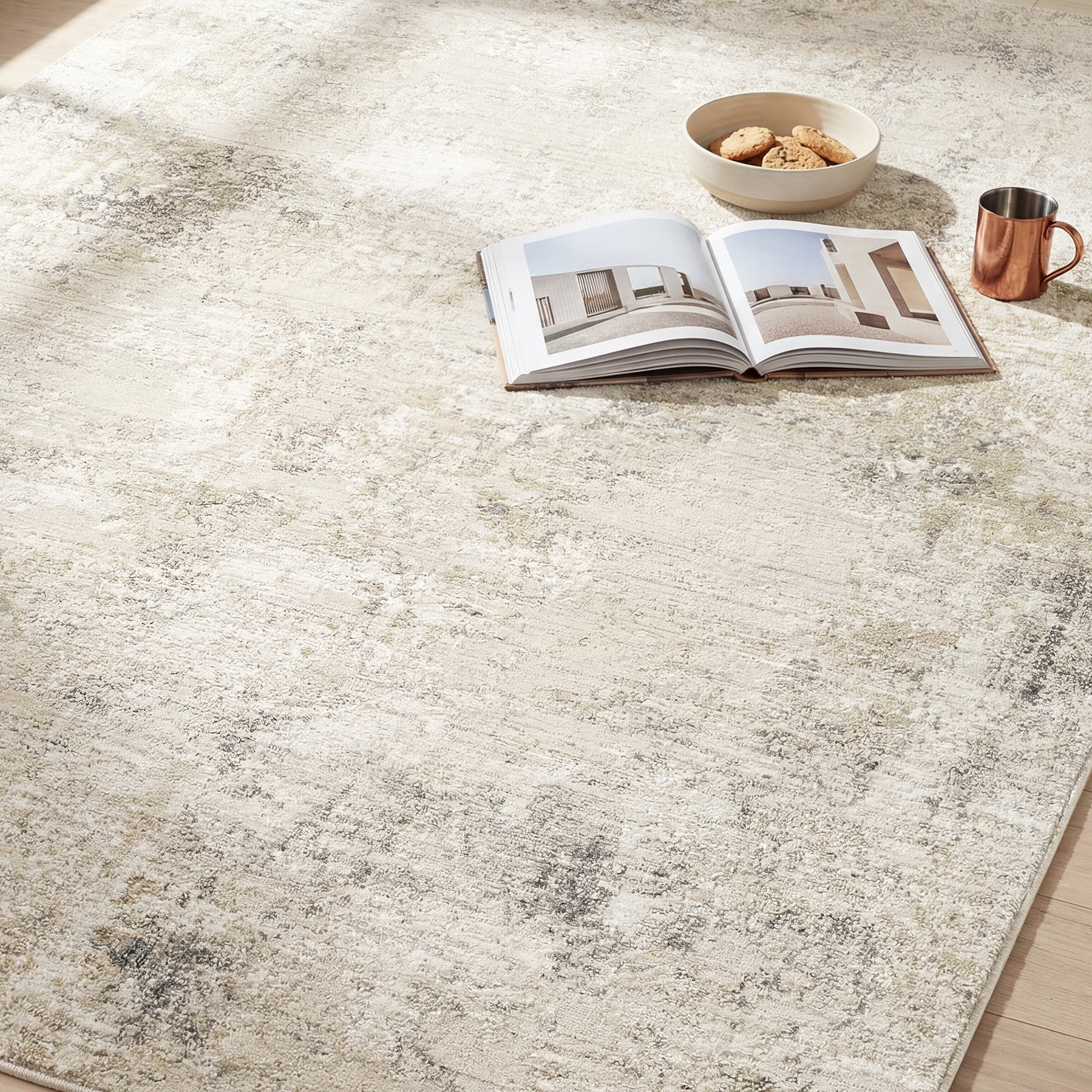 Nathan Abstract Modern Marble Fringe Beige & Cream Polyester Rug 200x290cm - styled detail