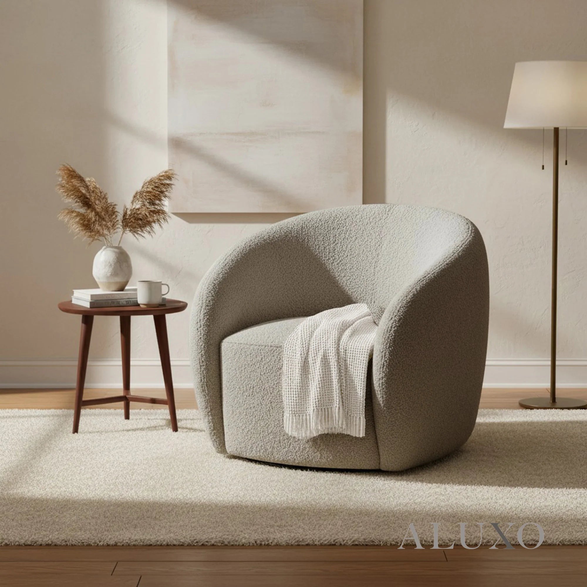 Aluxo Kira Teddy Koala Cream Boucle Swivel Armchair