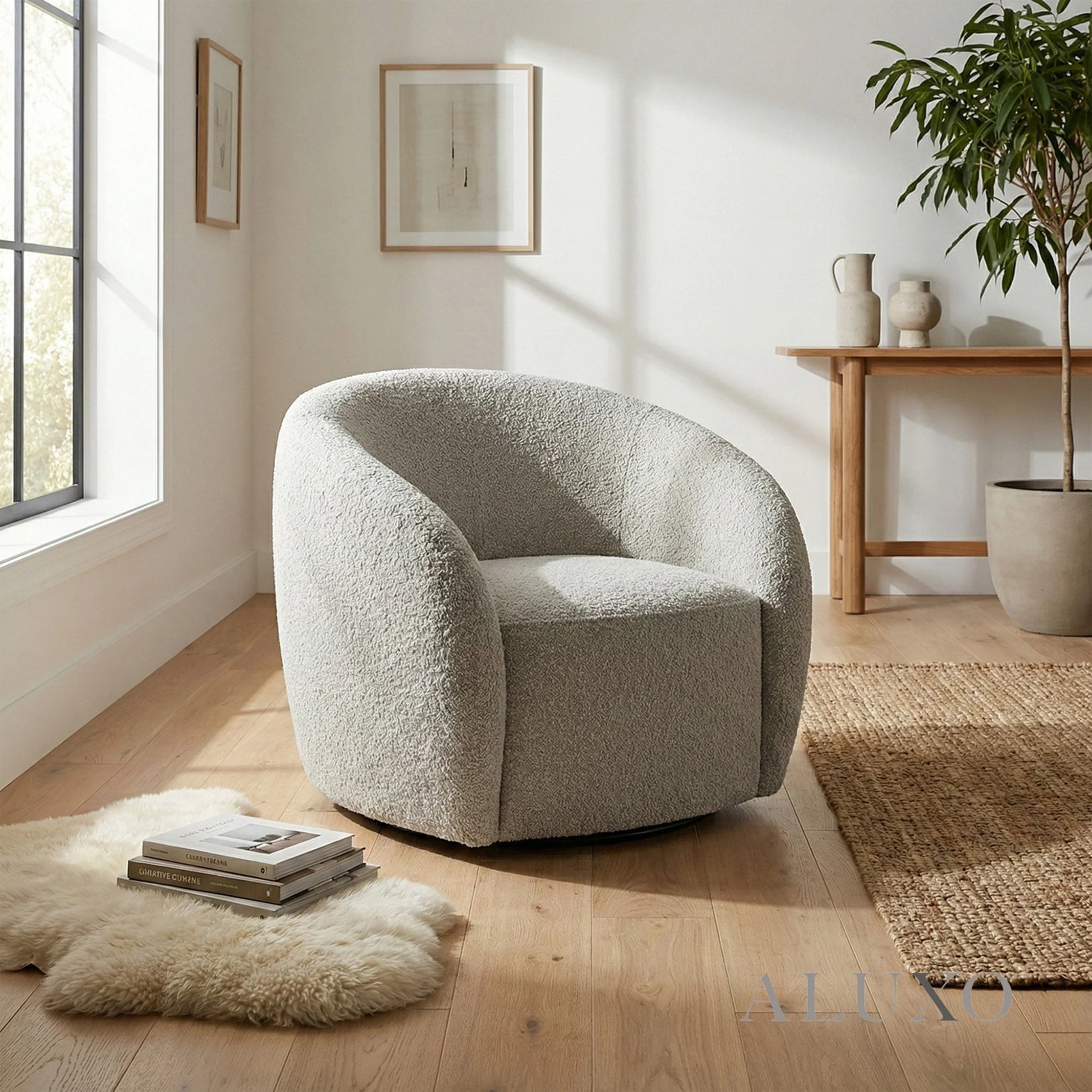 Aluxo Kira Teddy Koala Cream Boucle Swivel Armchair