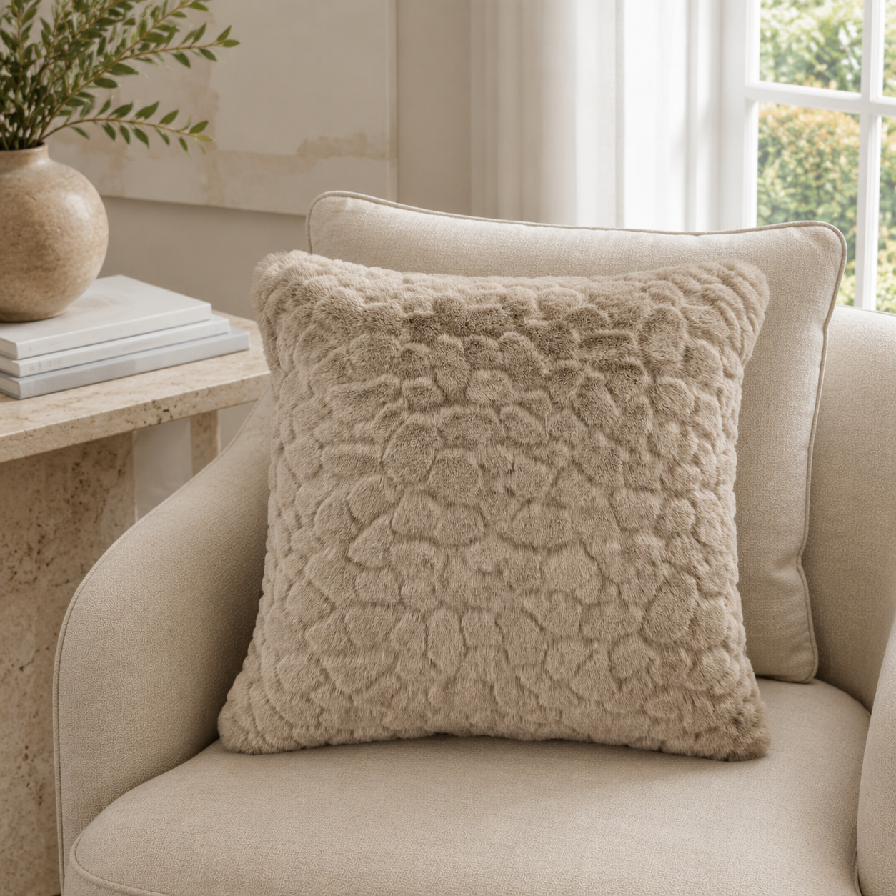Malini Camberwell Cloud Design Faux Fur Taupe Square Cushion 50x50 - CLEARANCE lifestyle image