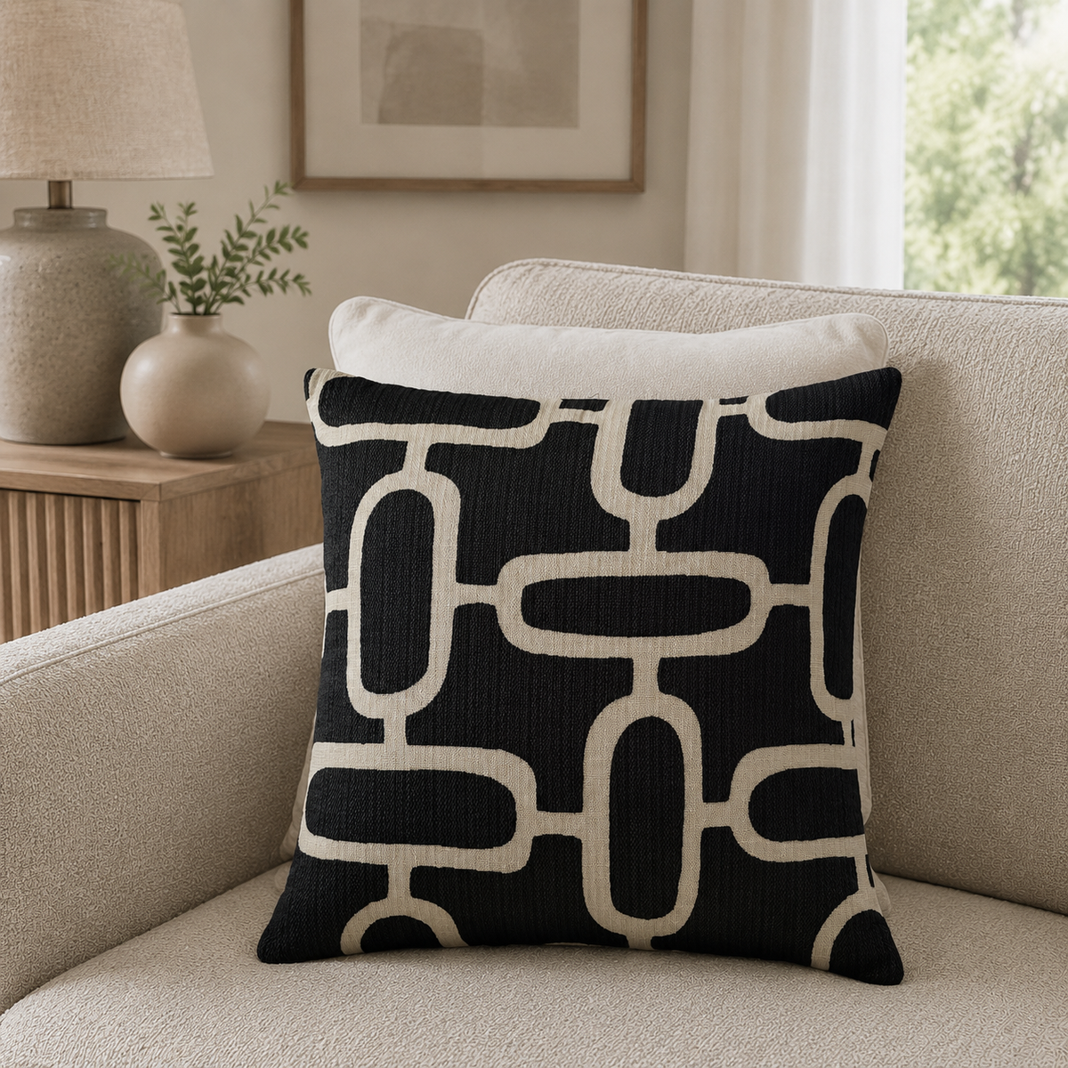 Malini Edison Abstract Chains Jacquard Black & Cream Square Cushion 50x50 CLEARANCE styled on light neutral furniture