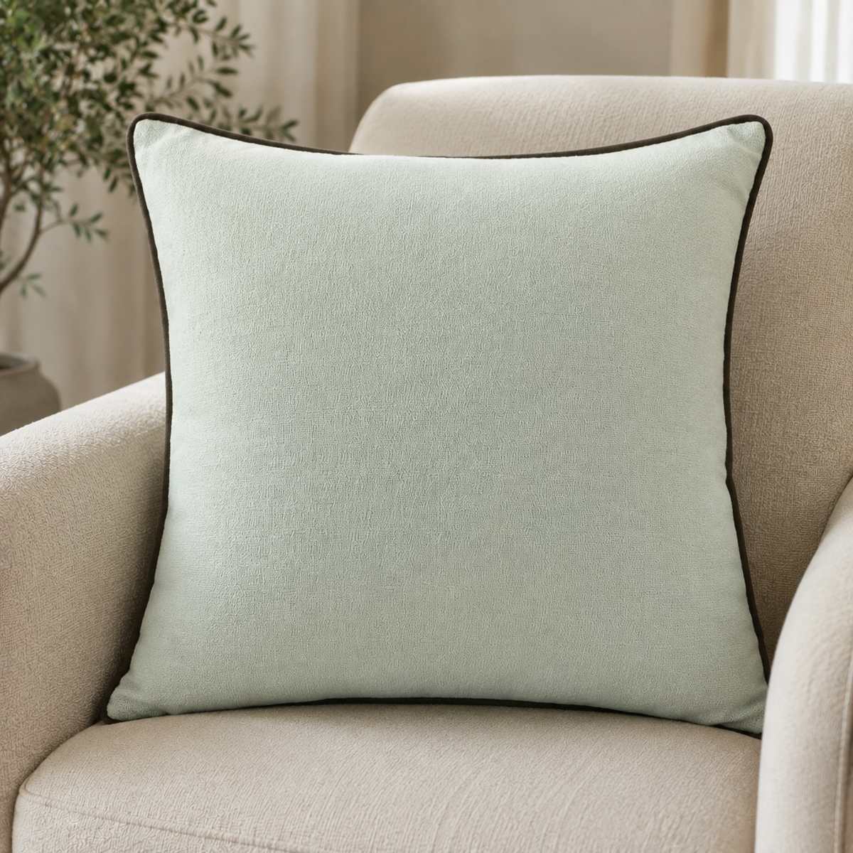 Malini Slub Cream With Choc Piping & Choc Rev Square Cushion 56x56 - CLEARANCE lifestyle image