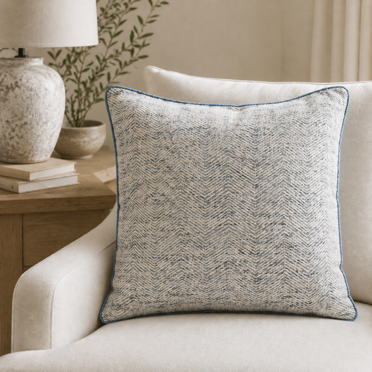 Malini Ripple Navy Blue Woven Slub Square Cushion 43x43 - CLEARANCE lifestyle image